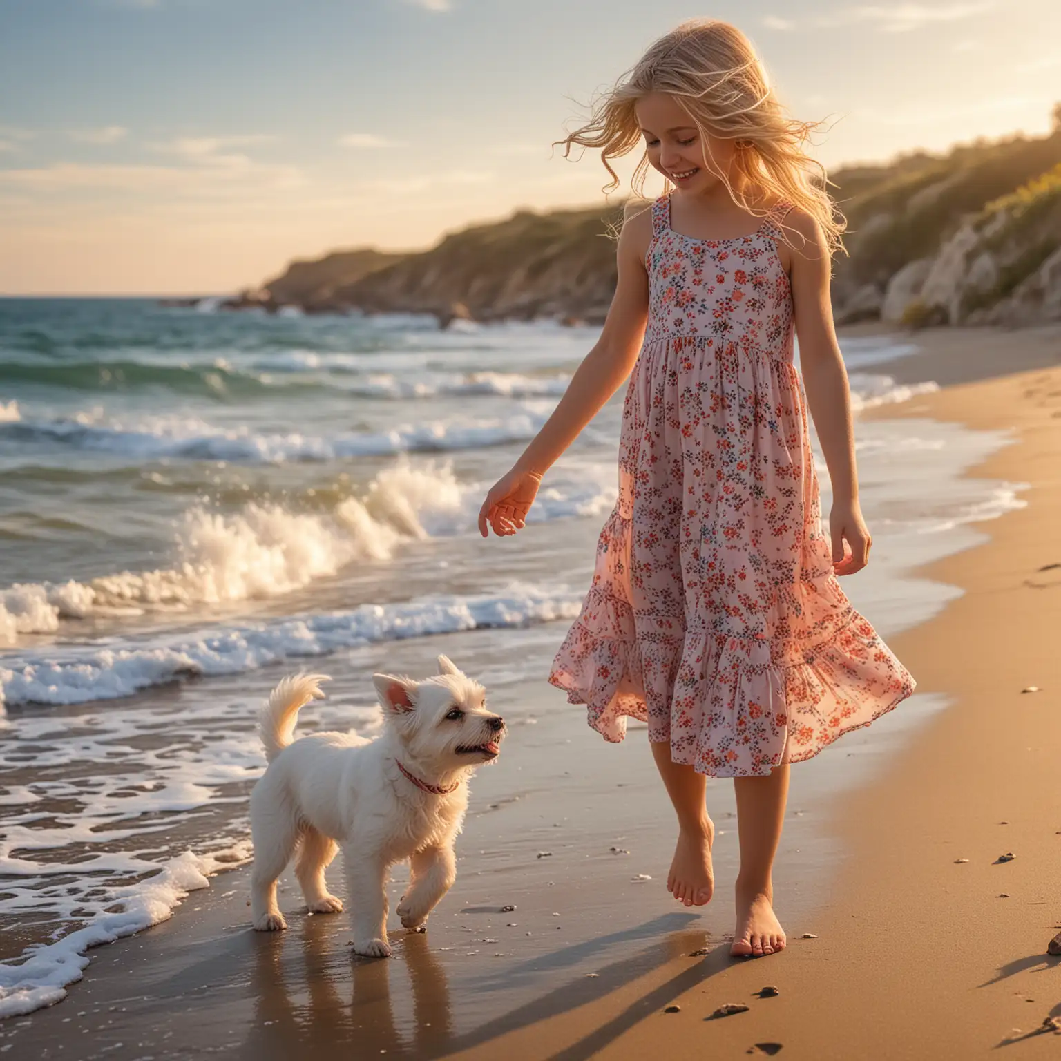 A blond teen girl wearing a floral dress and a pink flower in her hair, stands on a sandy beach with a small, white puppy at her feet. The girl is smiling and looking down at the puppy. The ocean waves lap at the shore behind her, and the sky is a soft blue with a hint of orange from the setting sun. The girl's dress is flowing in the breeze, creating a sense of movement and joy. The image captures a moment of pure innocence and happiness. Photo-realistic, intricate, elaborate, highly detailed, award-winning photo, outdoor photography, 8K, UHD, HDR.