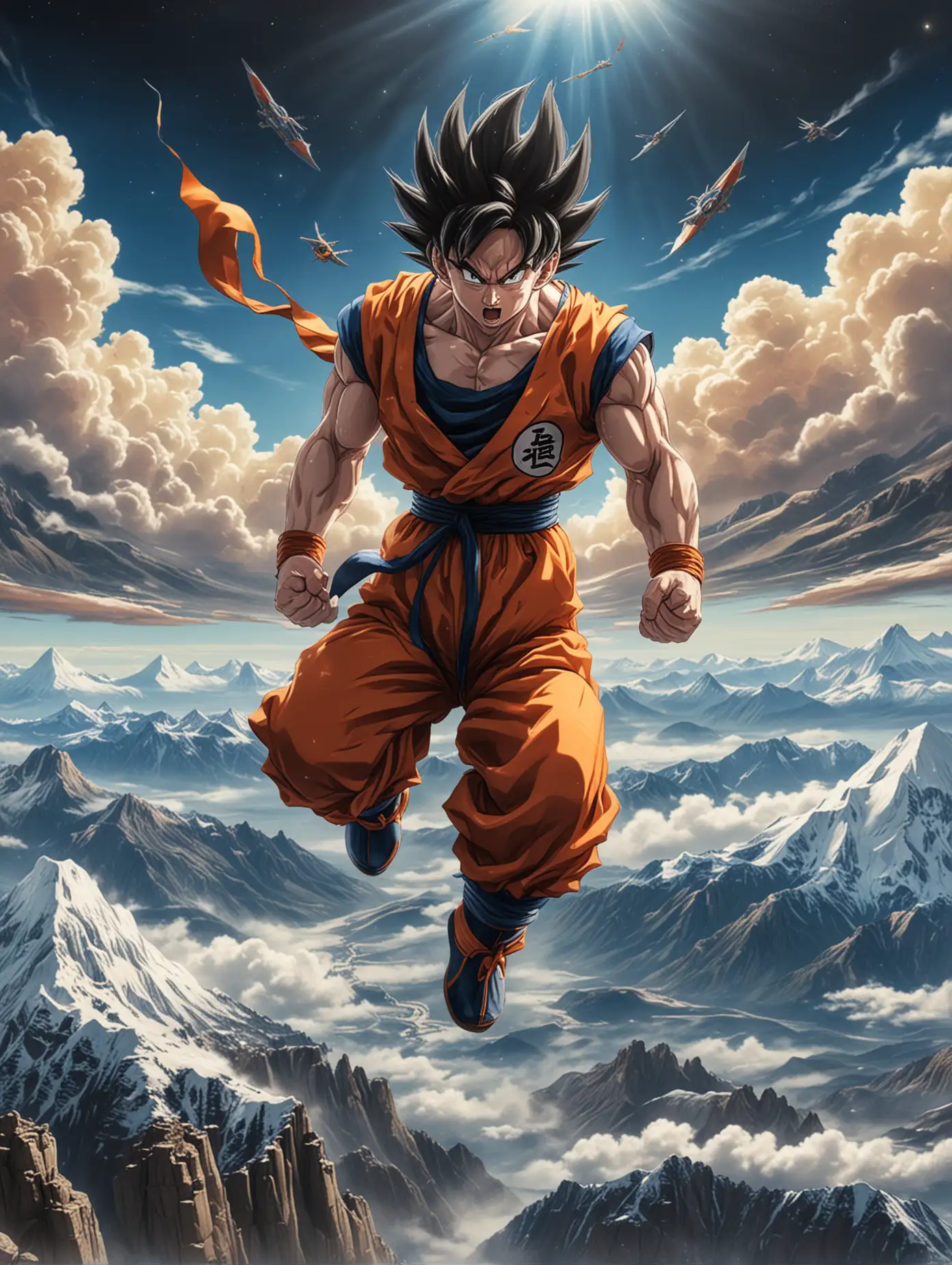 Goku Flying Over Mt Epic Super Saiyan Warrior Soaring Above Majestic Mountain