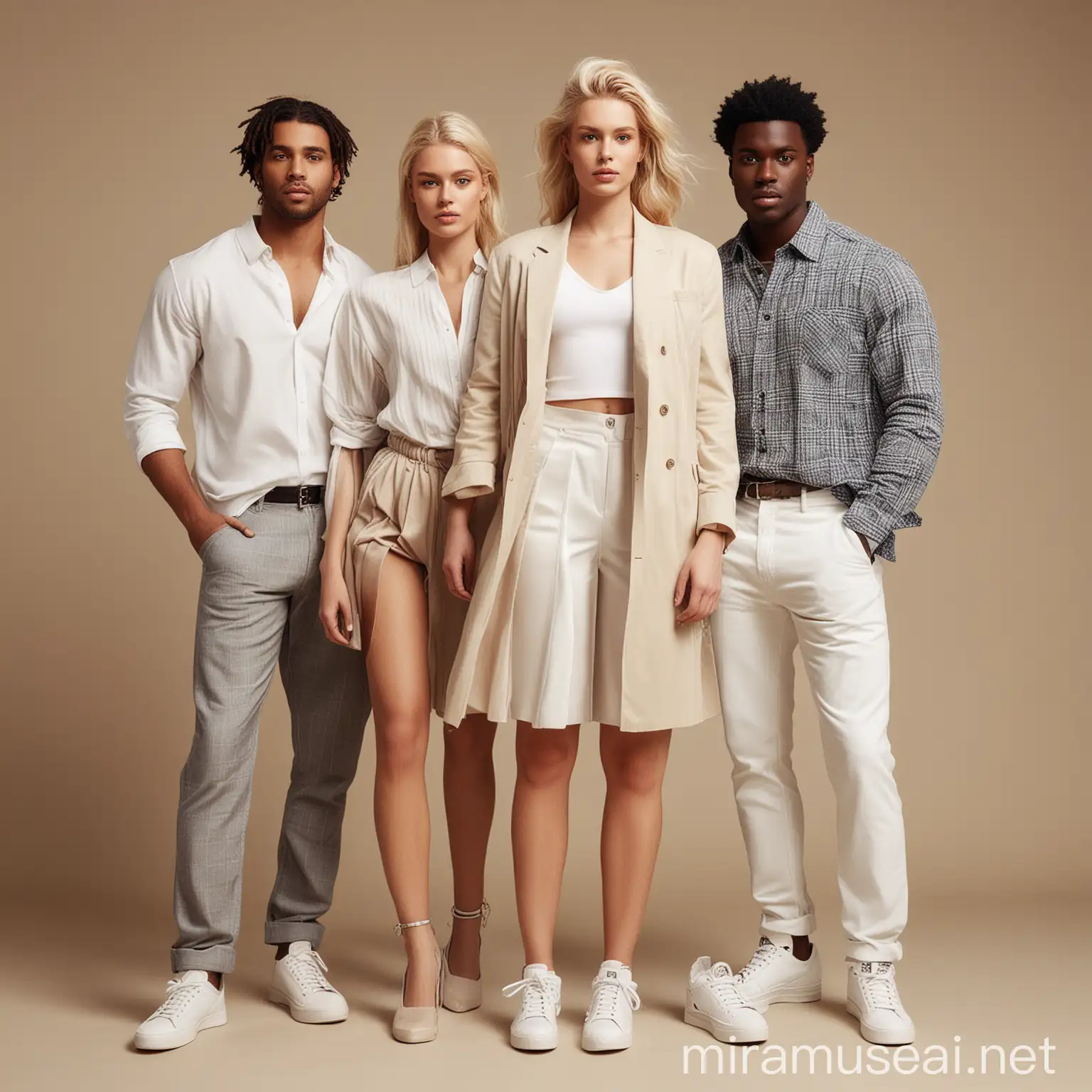 Générer une image de modèles montrant 4 personnes dont un homme noir, une femme blanche et un homme blanc et une femme blanche . Ils posent pour une marque de mode du nom de Dex Boutique