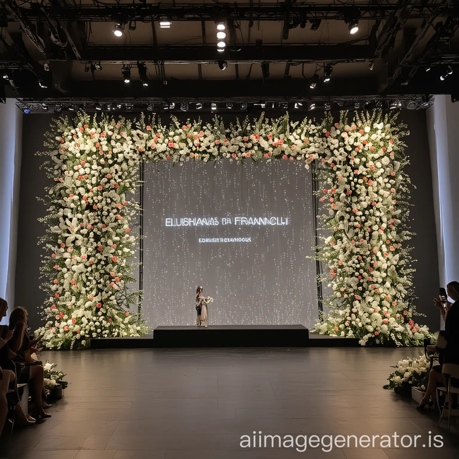 Led wall for the fashion show of Elisabetta franchi for pronovias with models flowers and runaway
