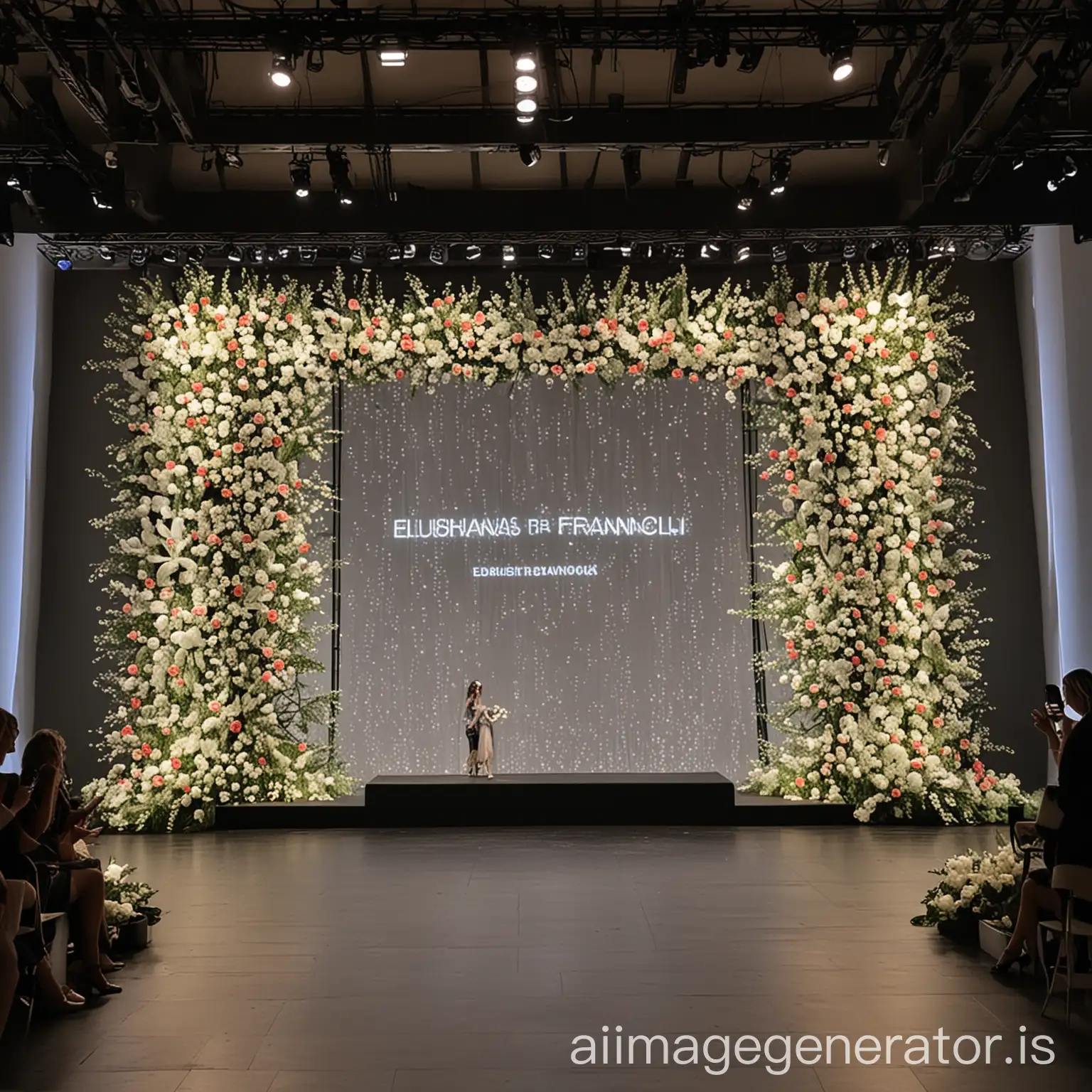 Led wall for the fashion show of Elisabetta franchi for pronovias with models flowers and runaway 
