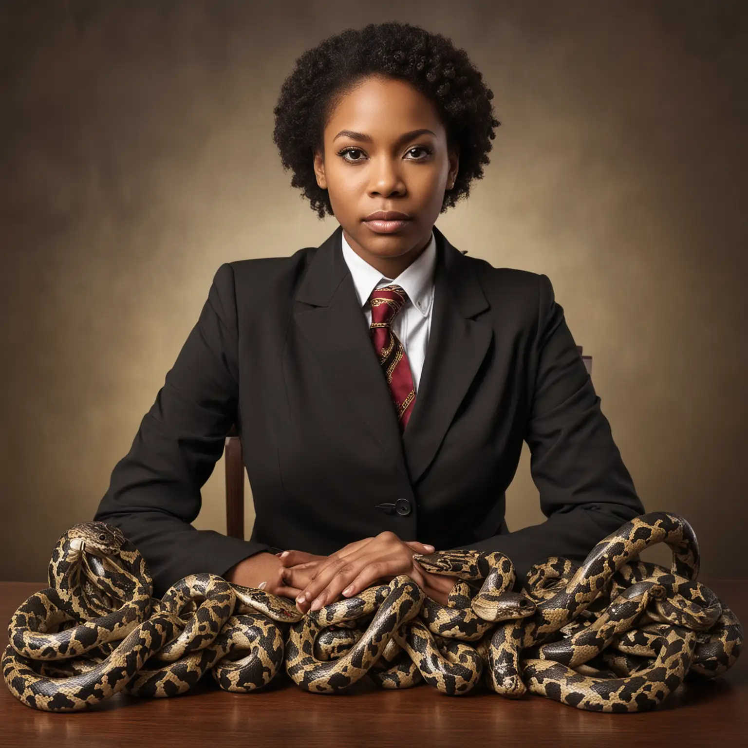 African American Attorney with Snakes in Urban Courtroom Scene