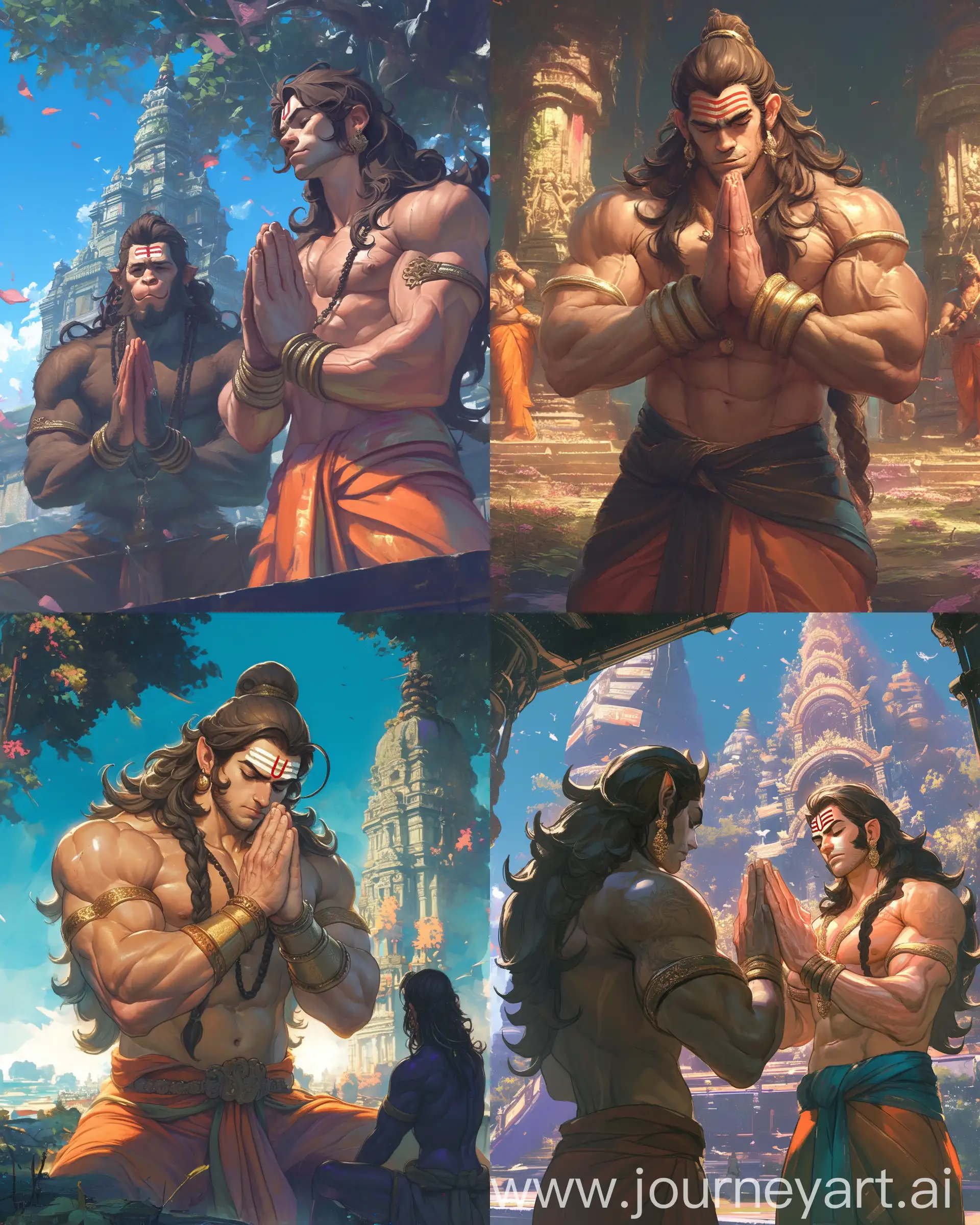 !mj1 Hindu deities Lord Rama and Hanuman in traditional attire, praying in a serene temple setting, highly detailed muscles, vibrant colors, lush background, inspired by digital art, divine and powerful, mythological ambiance, intricate details, 8K resolution, --ar 4:5 --s 600 --niji 6