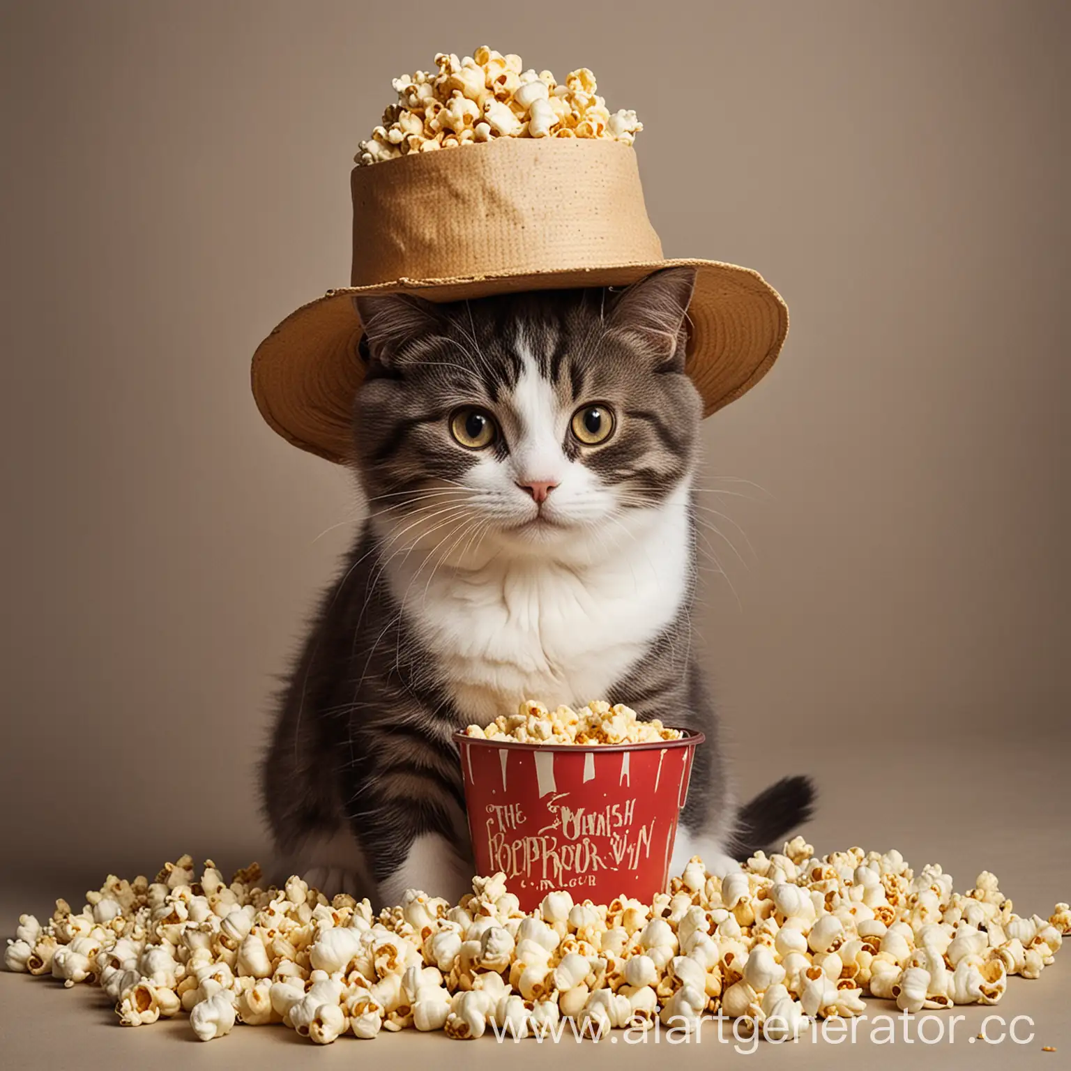 Кот в шляпе, с ведром попкорна, вальяжно сидит.