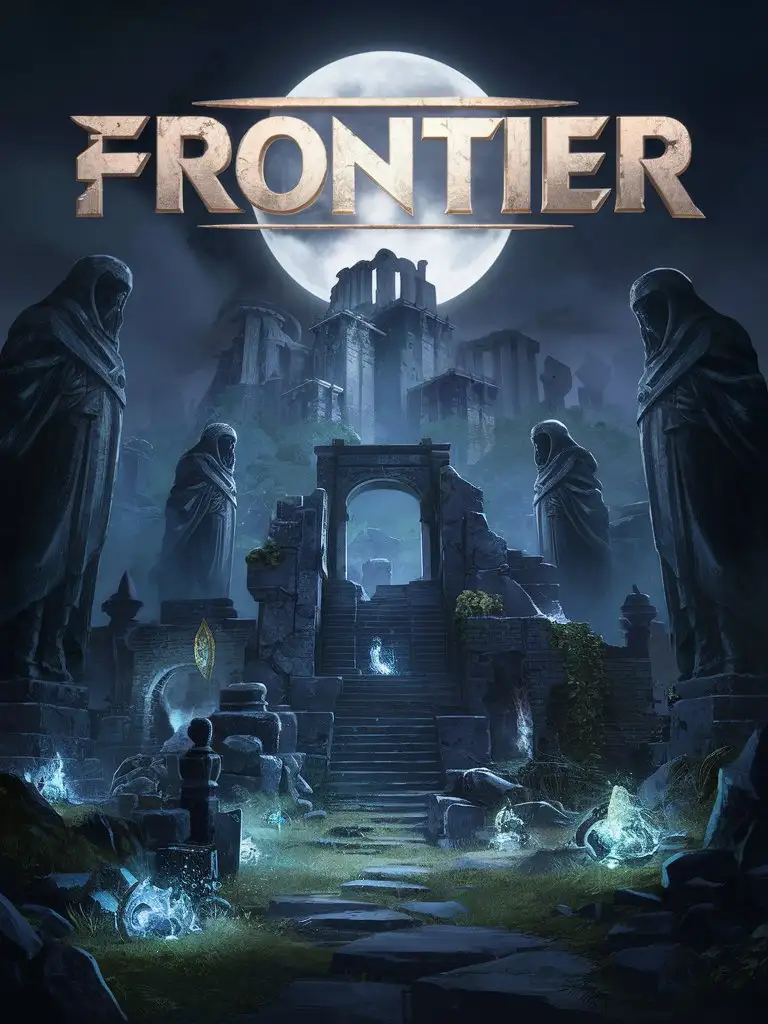 STYLIZED GAME ART WITH LOGO ONLY "FRONTIER" LOOMING STATUES ANCIENT RUINS MAGIC RELICS, SENTINEL WARDEN