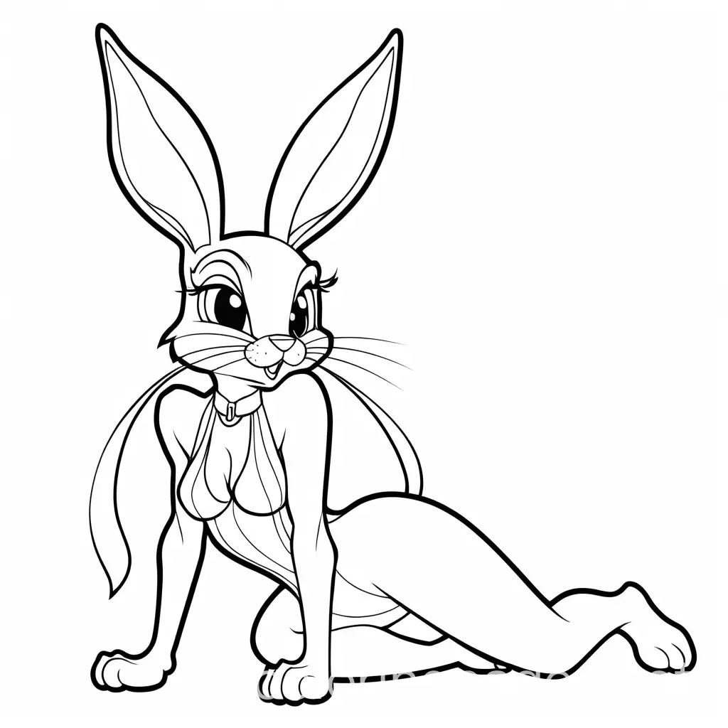 sexy lola bunny, submissive,  crawling, Coloring Page, black and white, line art, white background, Simplicity, Ample White Space. The background of the coloring page is plain white to make it easy for young children to color within the lines. The outlines of all the subjects are easy to distinguish, making it simple for kids to color without too much difficulty