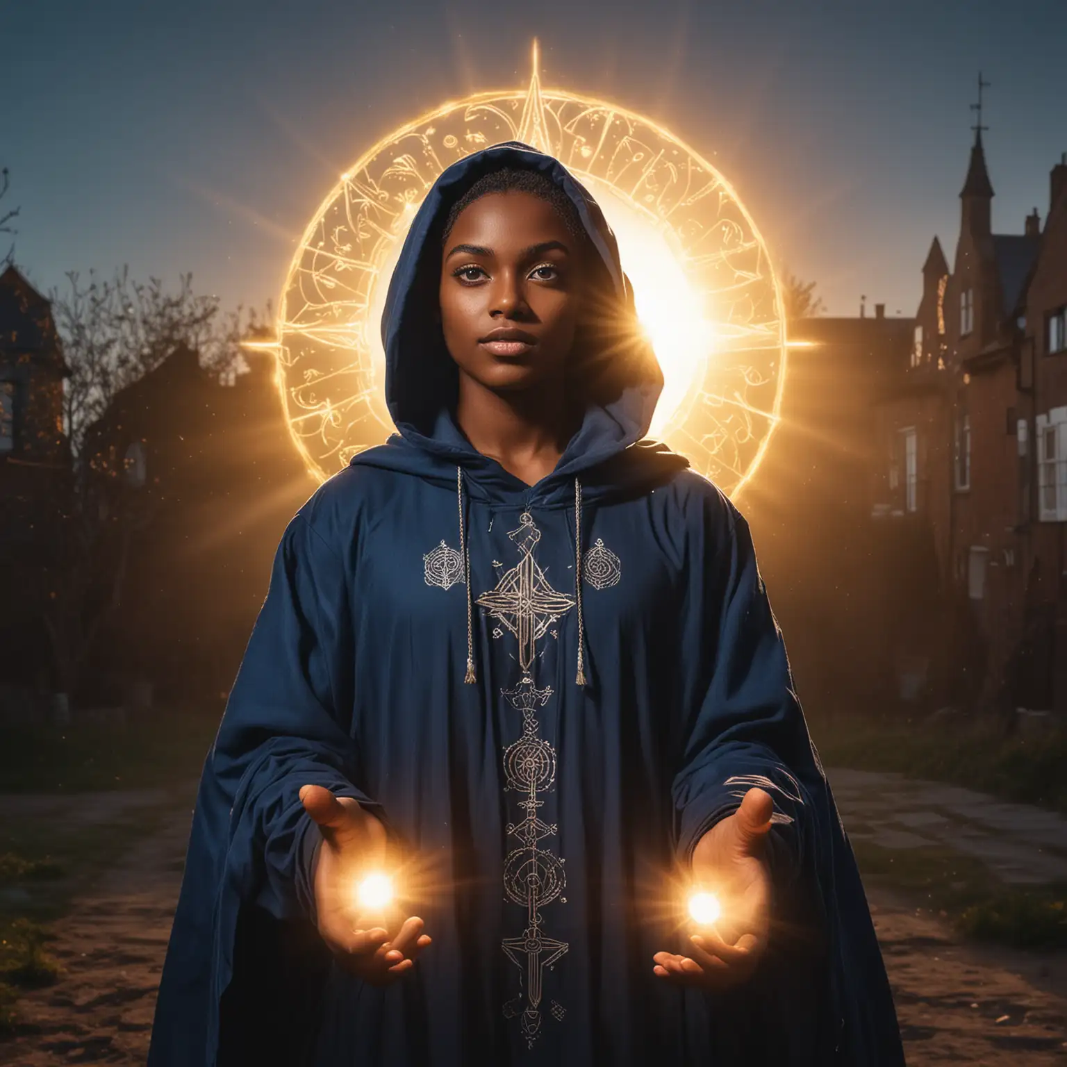 Tall dark skinned androgynous being with light blue eyes, dressed in a dark blue hooded wizard robe with shining silver geometric symbols on it,  standing with arms outreached with a bright golden sun behind it.