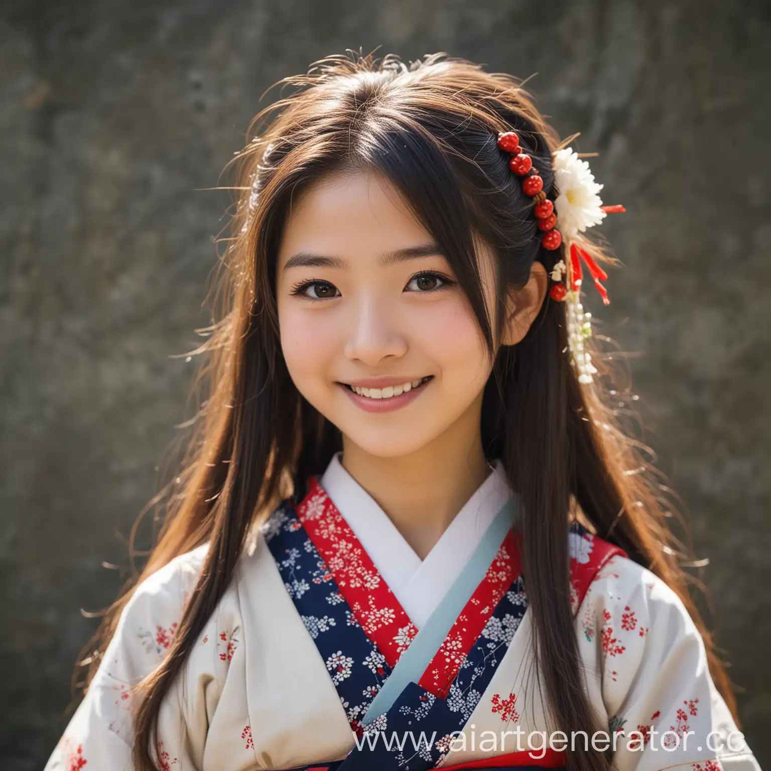 Японская девушка в национальной одежде с длинными волосами улыбается
