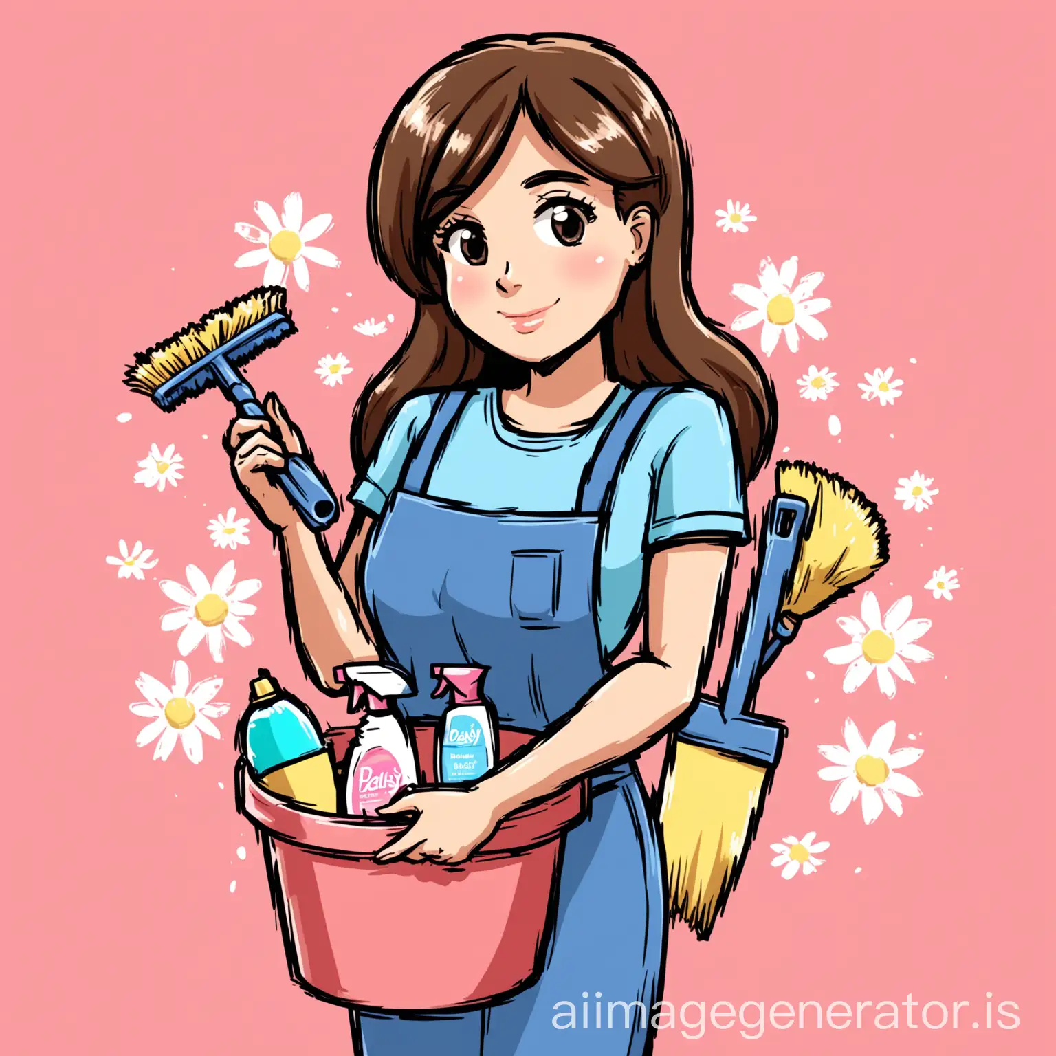 Woman cleaner holding a bucket with cleaning products inside cartoon brown hair with blonde streaks in it with a pink back ground with the daisy’s cleaning