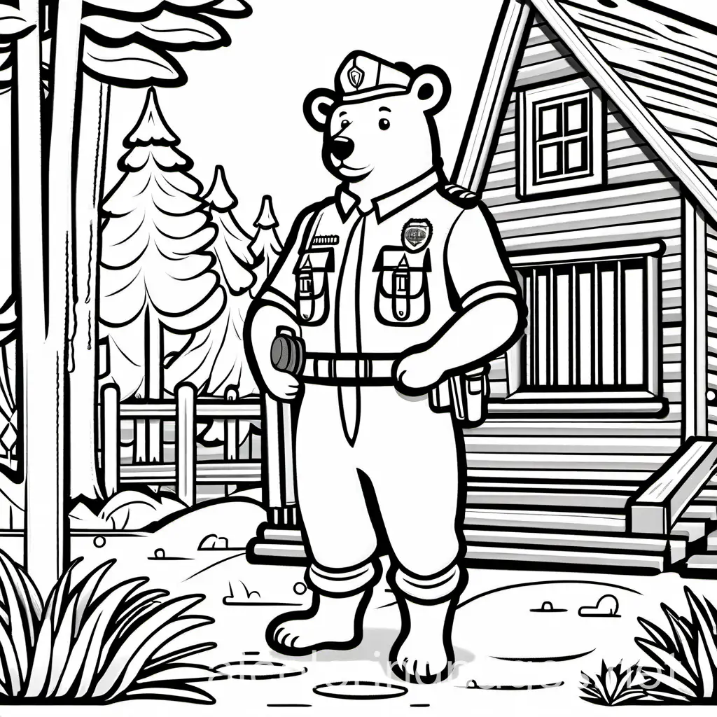 A bear with troop scout uniform by a house log, Coloring Page, black and white, line art, white background, Simplicity, Ample White Space. The background of the coloring page is plain white to make it easy for young children to color within the lines. The outlines of all the subjects are easy to distinguish, making it simple for kids to color without too much difficulty