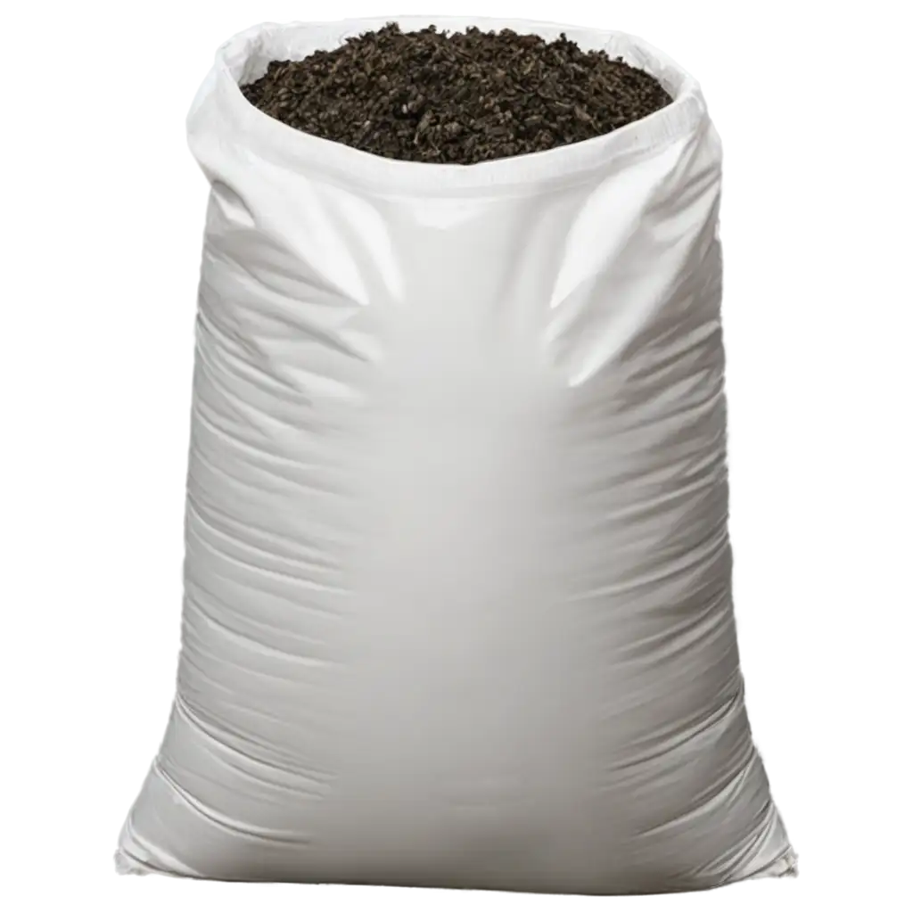  a white plastic sack, approximately 25 kilograms in size, filled with organic fertilizer resembling powdered texture