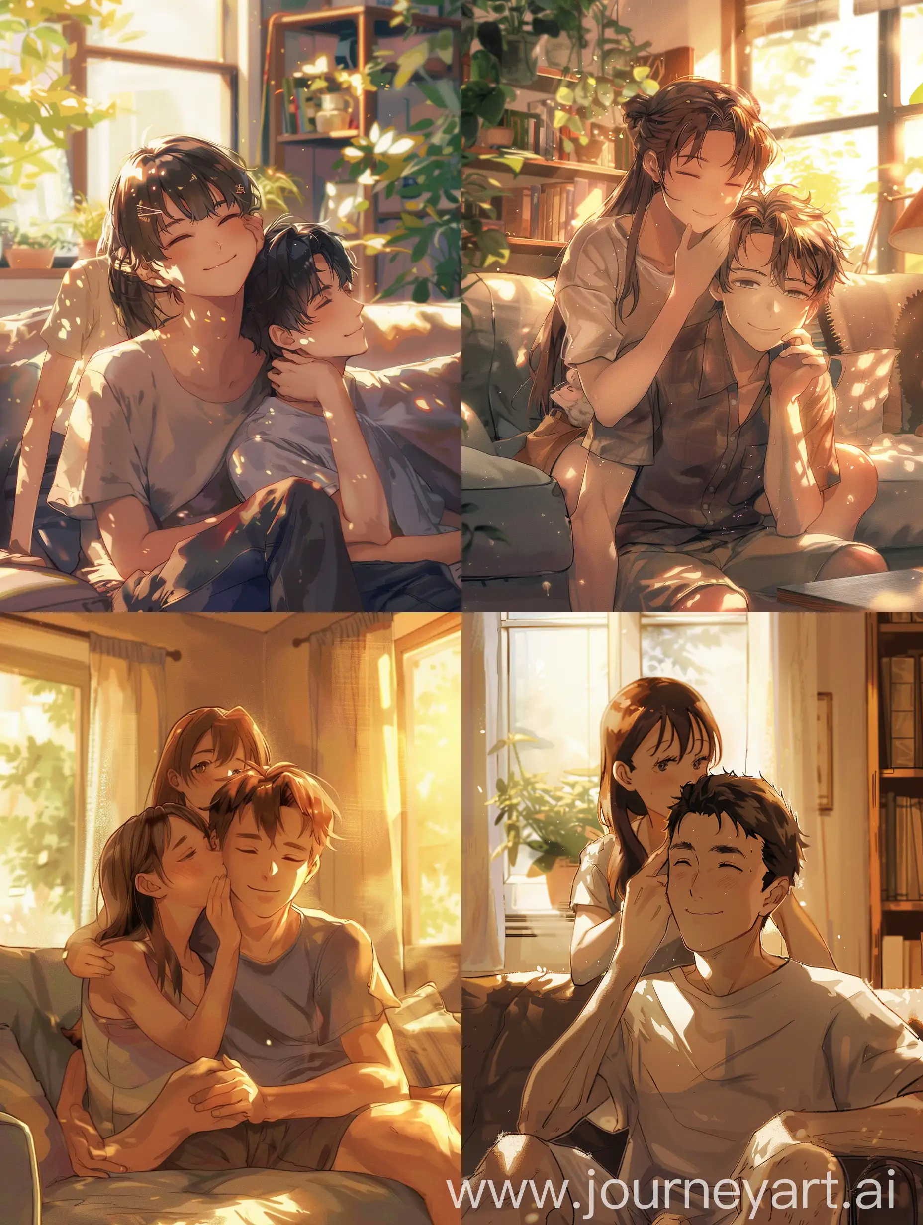 a girl is kissing a man's cheek, girl behind man, man sitting on the couch, cute, anime, sunlight, warm atmosphere