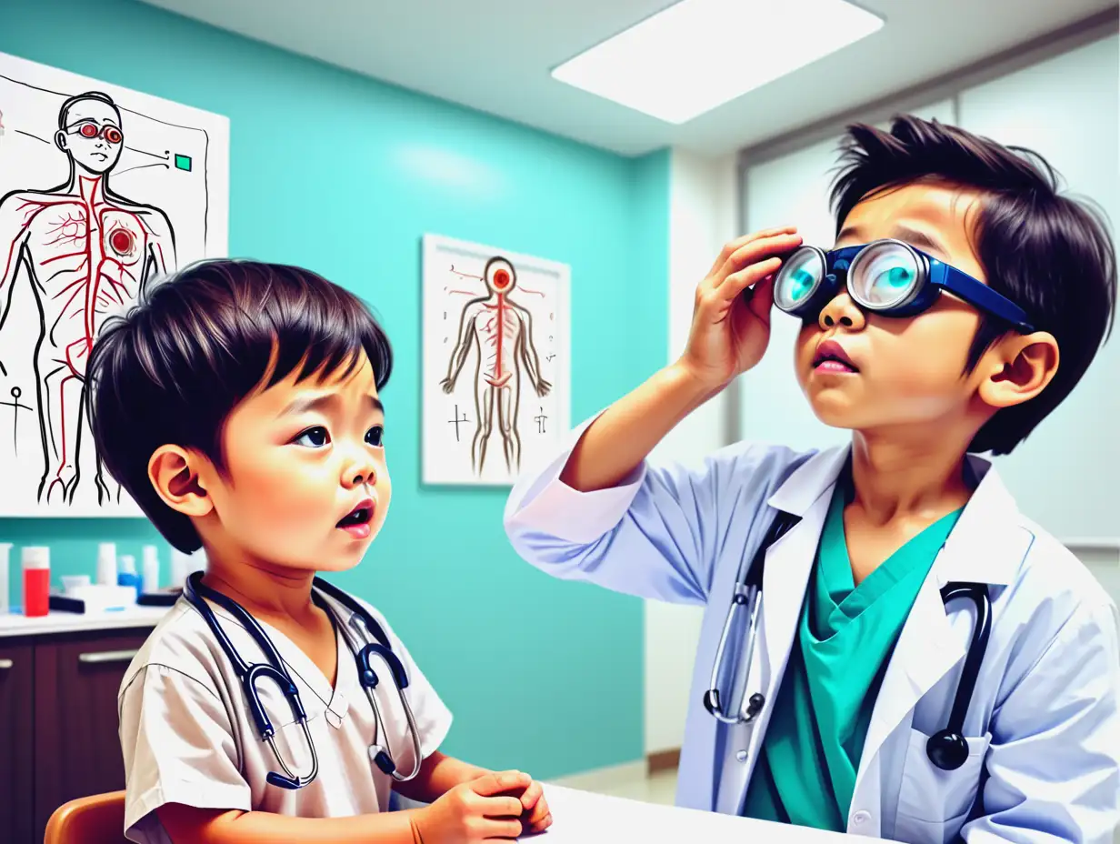 Sketch style, colored, Asian little boy and doctor testing vision in hospital