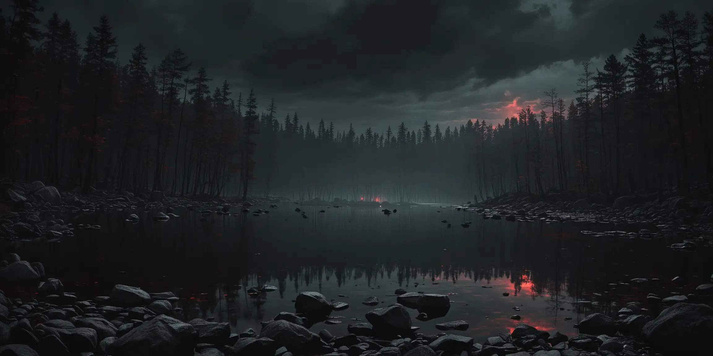 Eerie Dark Woods Landscape with Glowing Lake and Cinematic Lighting