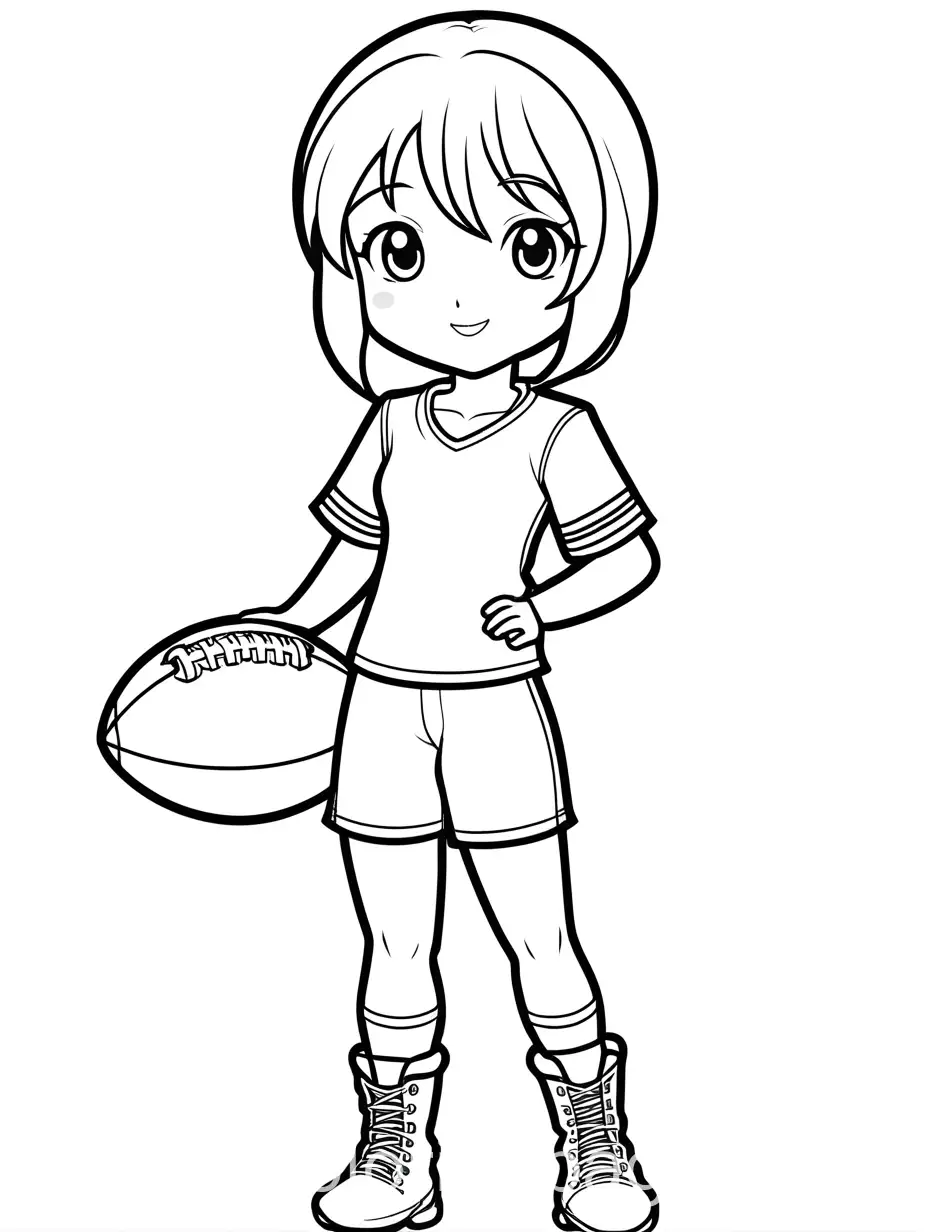Cute anime girl, playin American football, coloring page, black and white, line art, white background, simplicity, ample white spaces. The outlines of all subjects are easy to distinguish, making it simple for kids to color without too much difficulty. , Coloring Page, black and white, line art, white background, Simplicity, Ample White Space. The background of the coloring page is plain white to make it easy for young children to color within the lines. The outlines of all the subjects are easy to distinguish, making it simple for kids to color without too much difficulty