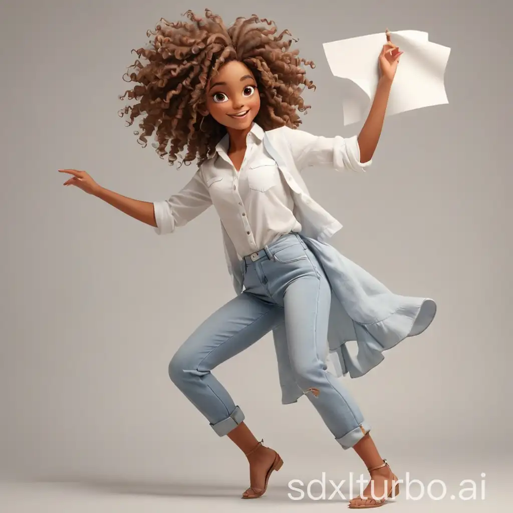 Cute brown skin woman wearing white shirt with light denim jeans curly hair dancing holding a large white  poster animation