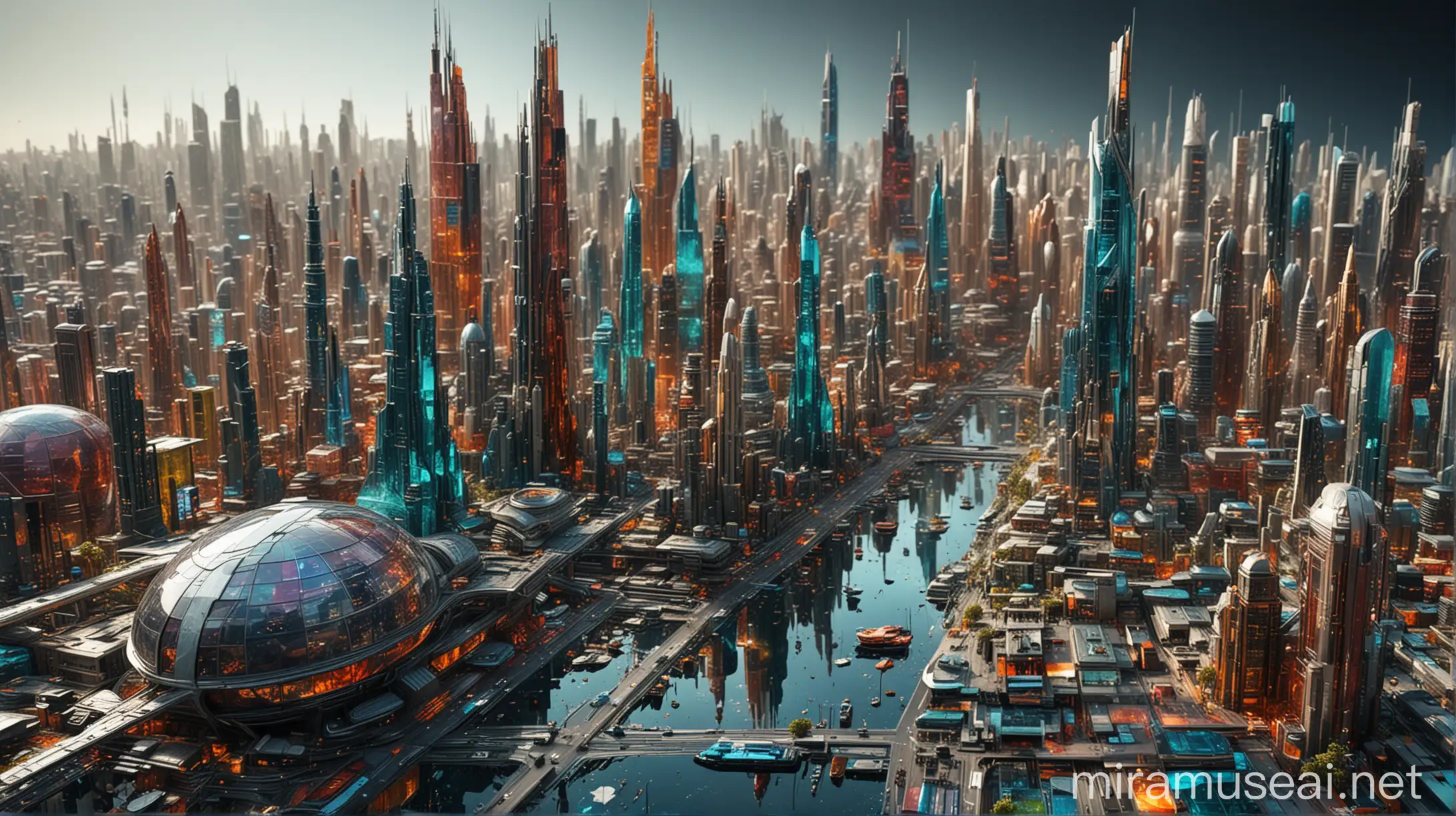 a futuristic city made of colorful glass, very realisitic, very detailed