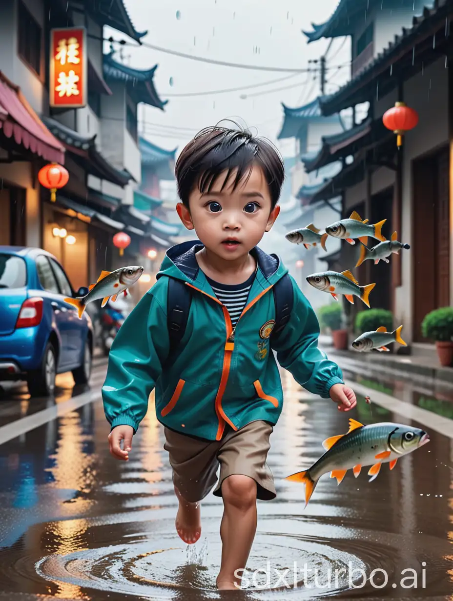 7-year-old Chinese boy, big eyes, dark short hair, rainy day, in the middle of the road, catching fish, surrounded by various jumping little fish, high-definition, 4K, rich details