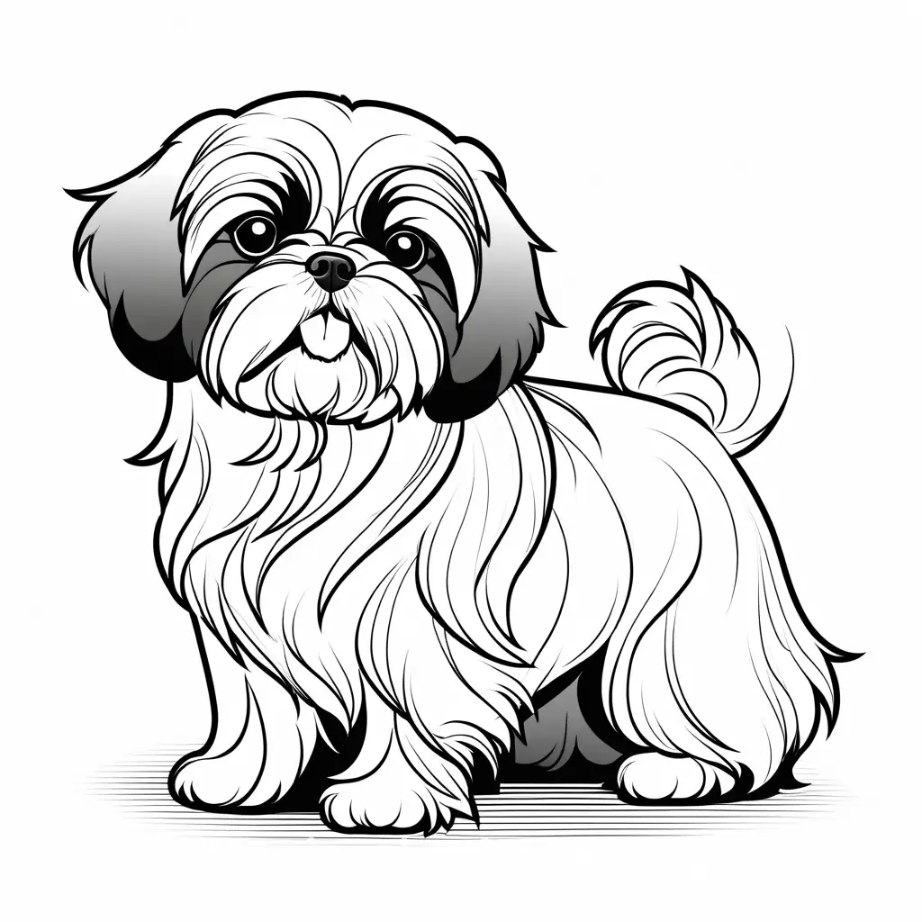 a shihtzu playing with a ball, Coloring Page, black and white, line art, white background, Simplicity, Ample White Space. The background of the coloring page is plain white to make it easy for young children to color within the lines. The outlines of all the subjects are easy to distinguish, making it simple for kids to color without too much difficulty
