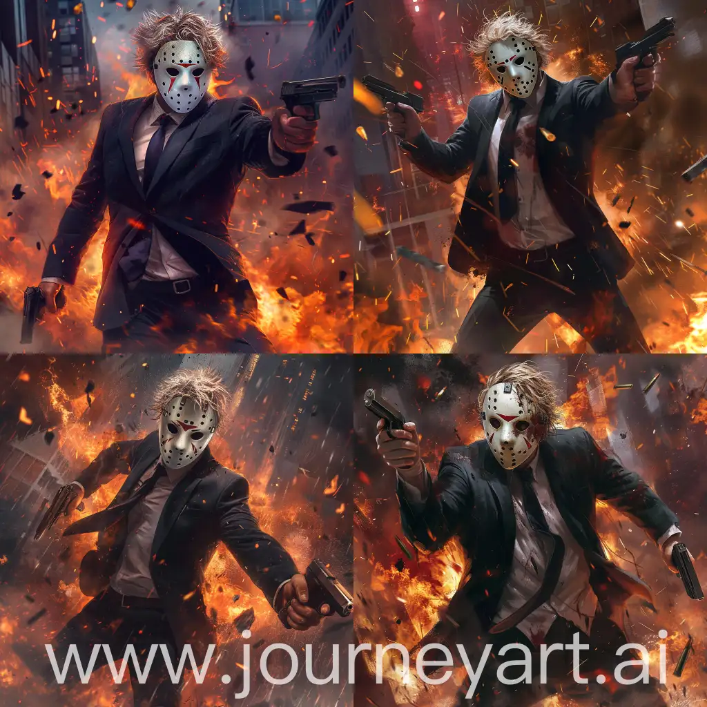 A hyper-realistic, cinematic action scene. A man in a dark suit and tie with messy blonde hair wearing a white hockey mask, aiming a handgun directly at the viewer, holding another handgun in his other hand. He stands in a dynamic, intense pose against an urban backdrop filled with fiery, chaotic elements. The lighting should be dramatic and high-contrast, with deep shadows and bright highlights, creating a tense atmosphere. The color palette should include deep reds, oranges, and blacks to enhance the gritty, action-packed scene. Textures and details of the suit, mask, guns, and background should be rendered with photorealistic precision, capturing the high-stakes confrontation with cinematic quality