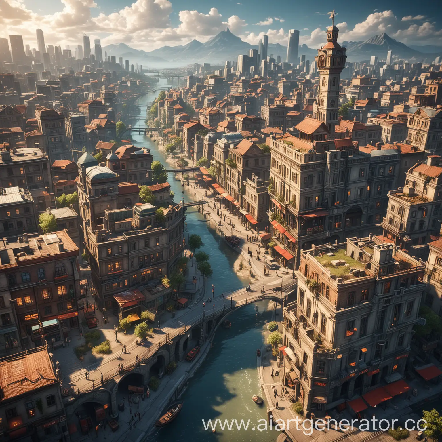beautiful gaming world, city, detailed, high-quality
