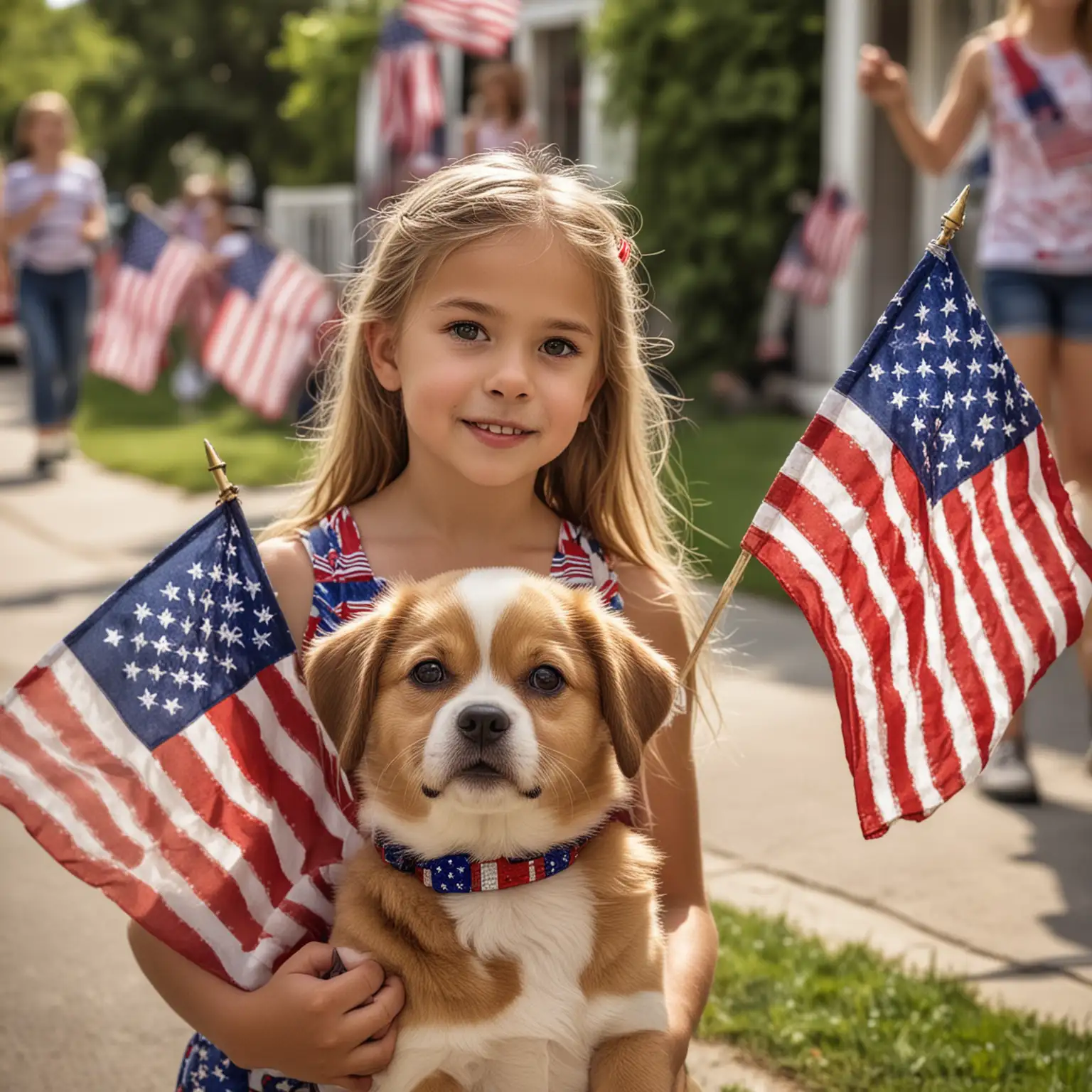 one young girl, with her dog and a 4th of July parade in the background, a beautiful American Flag, full-color