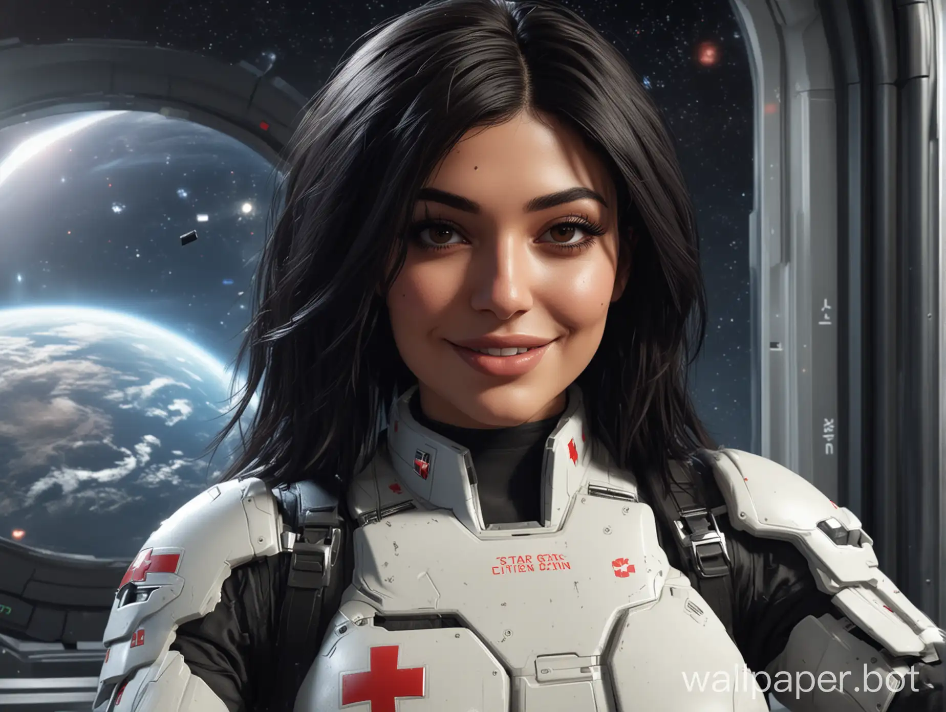 Star Citizen Universe, female with kylie jenner face taking selfie of herself,  Science-Fiction,  Medic, red cross, first aid , curvy female bodyshape, stars and planet through a window in the background, black shoulder long hair, natural black eyes, open smiling with showing teeth
