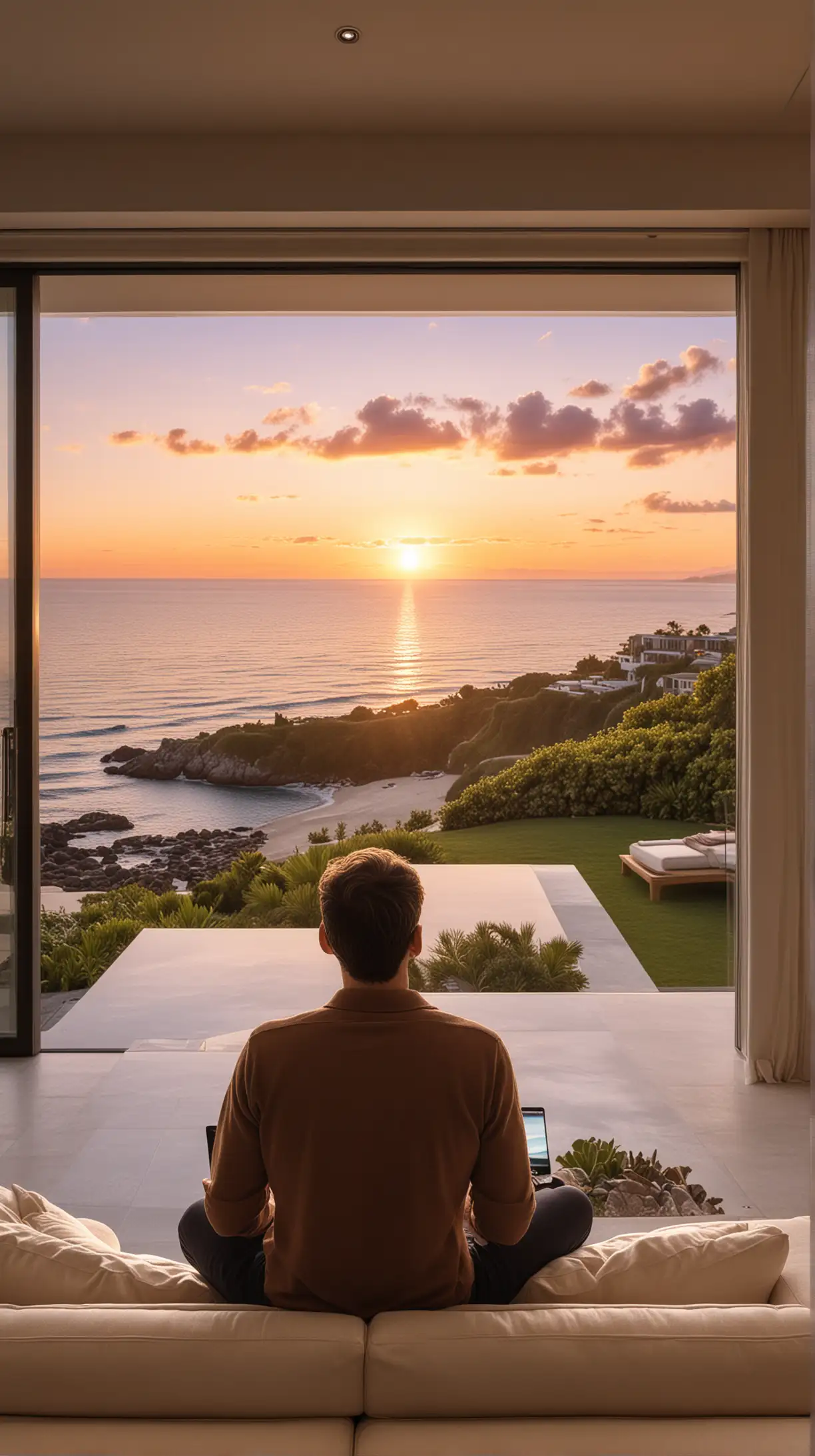 ultra realistic man with his back to the camera sitting on a sofa with a laptop computer on his lap in a zoom meeting, in the living room of a contemporary furnished home, man facing toward floor to ceiling picture windows, outside is an outdoor living area and an infinity pool overlooking the ocean at sunset with warm lighting