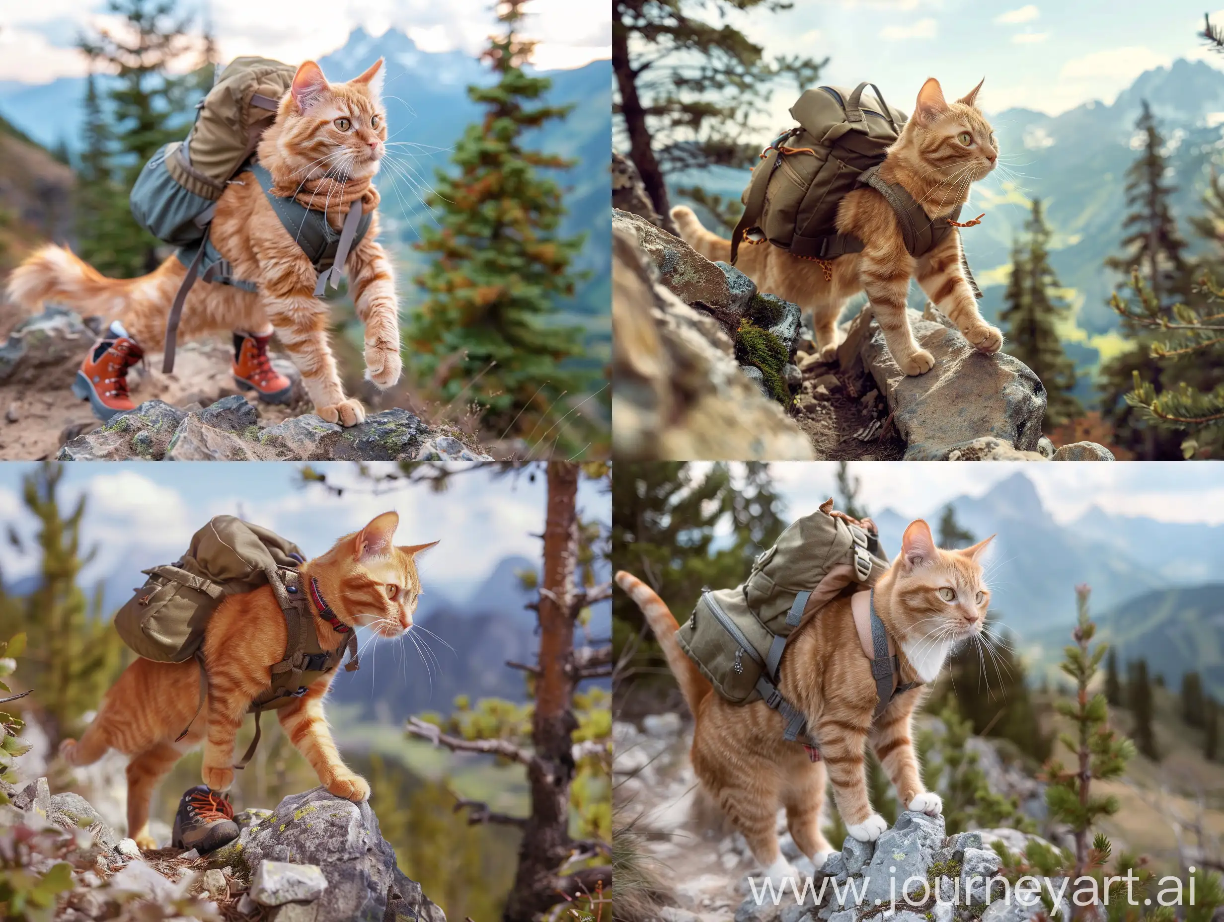 The orange tabby cat climbs a scenic mountain trail, equipped with a tiny backpack and hiking boots. It pauses at a lookout point to take in the breathtaking view. The surrounding nature, with trees and distant peaks, highlights the beauty of the outdoors. pet anthropomorphism, long shot, photography, Canon EOS5D Mark IV, delicate clothing, soft natural light