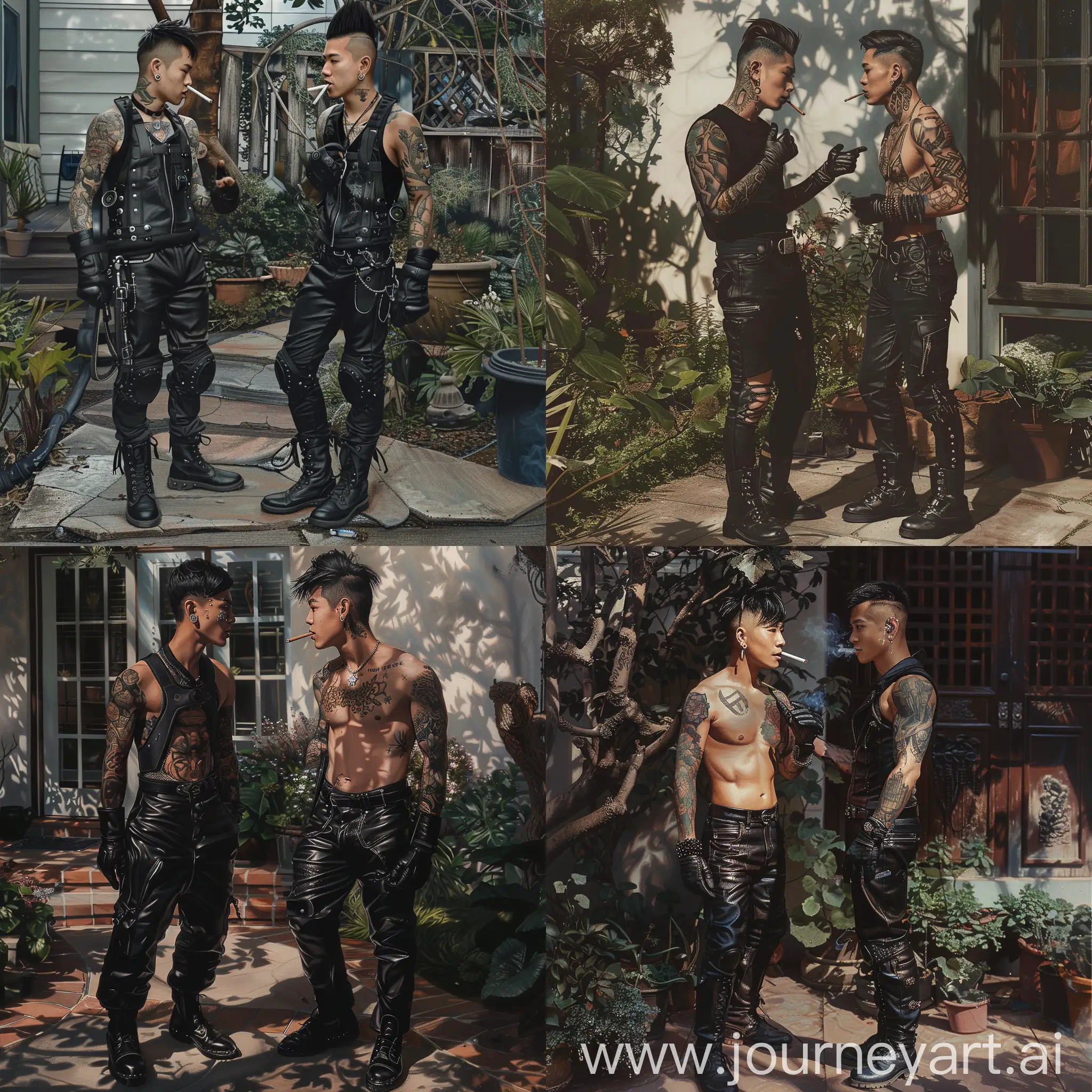Photorealism, 2 asian young fit men standing and talking at the garden in the house, both of them are wearing black leather gloves, pants and boots. Full body tattoo. Multiple ear piercings and facial piercings. Smoking.