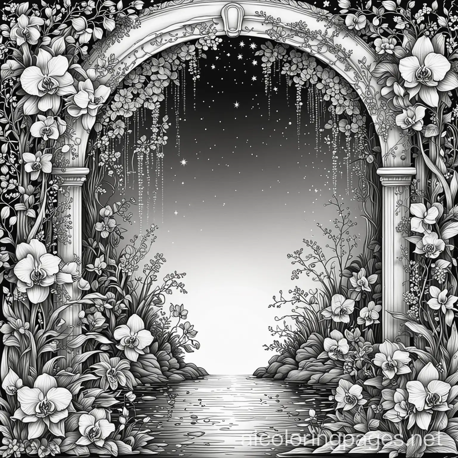 inverted mirror image reverse waterfall under dark night sky with stars bright colors hanging vines exotic flowers orchids roses
, Coloring Page, black and white, line art, white background, Simplicity, Ample White Space. The background of the coloring page is plain white to make it easy for young children to color within the lines. The outlines of all the subjects are easy to distinguish, making it simple for kids to color without too much difficulty