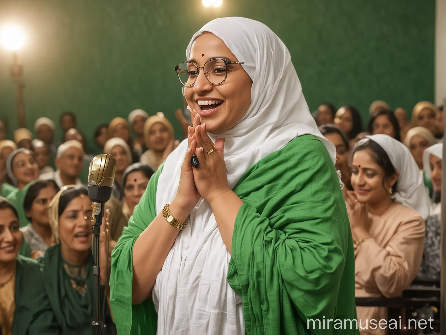 Mature Indian Woman Giving Dynamic Speech in Green Bath Towel on Stage