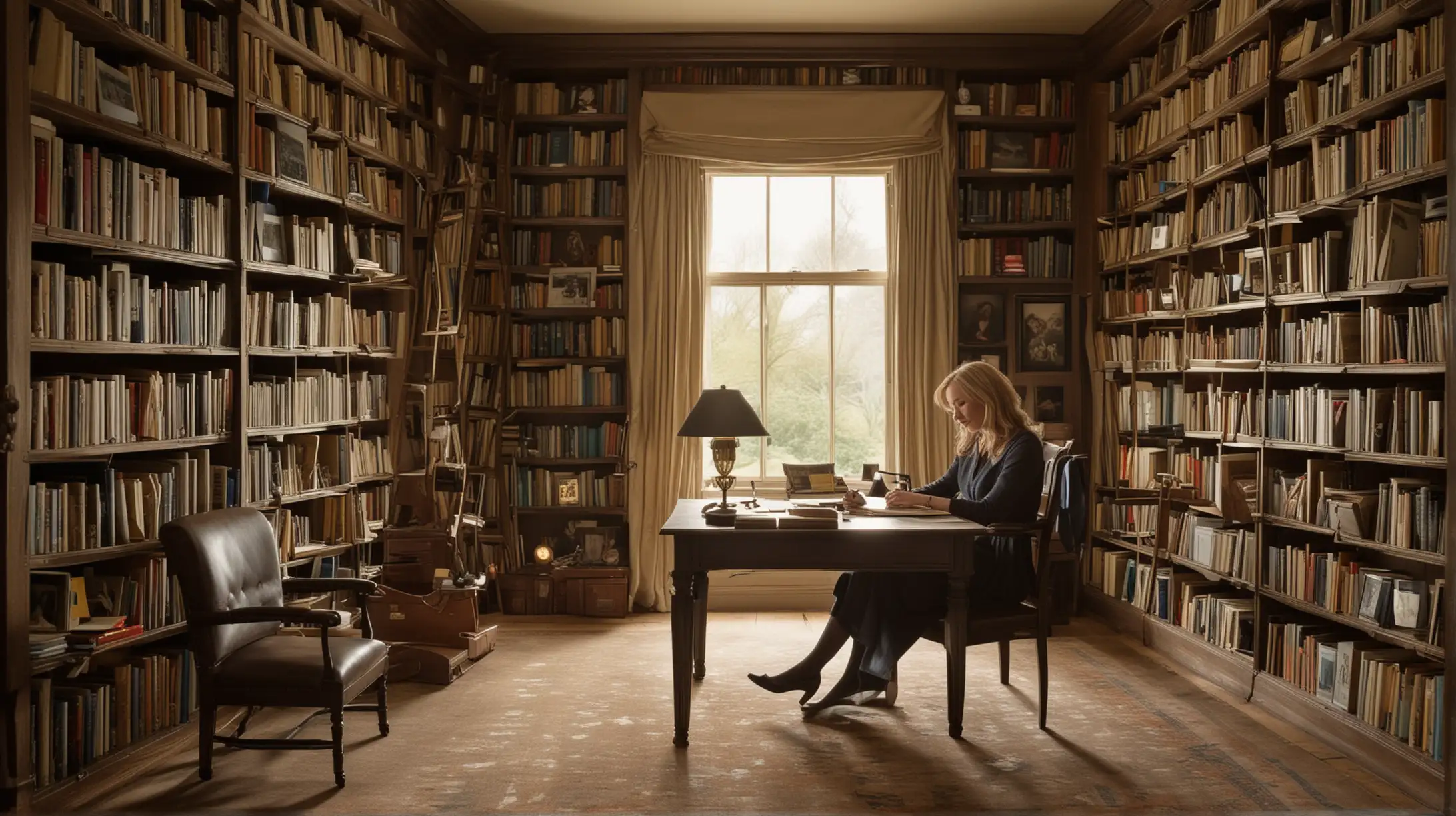 JK Rowling Writing at Sunlit Study Desk Surrounded by Books