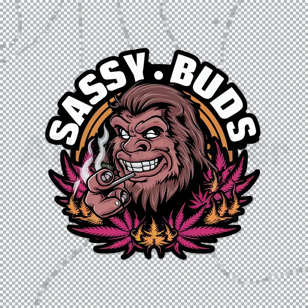 a logo design,with the text "Sassy.Buds", main symbol:sassy sasquatch smoking a joint with pink and yellow weed buds behind him,complex,be used in Others industry,clear background