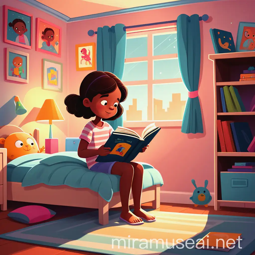 a cartoon illustration of a child reading a book in her room