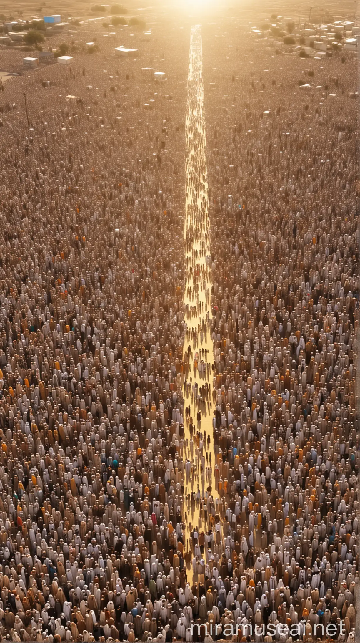 Prophet Muhammad on the Plain of Arafat: An image showing Prophet Muhammad standing amidst a vast crowd of his followers on the plain of Arafat during his Farewell Pilgrimage. The scene depicts the Prophet as a central figure, surrounded by thousands of believers, with the sun casting its golden rays upon them, creating a serene atmosphere.
 with islamic tradition HD and 4K