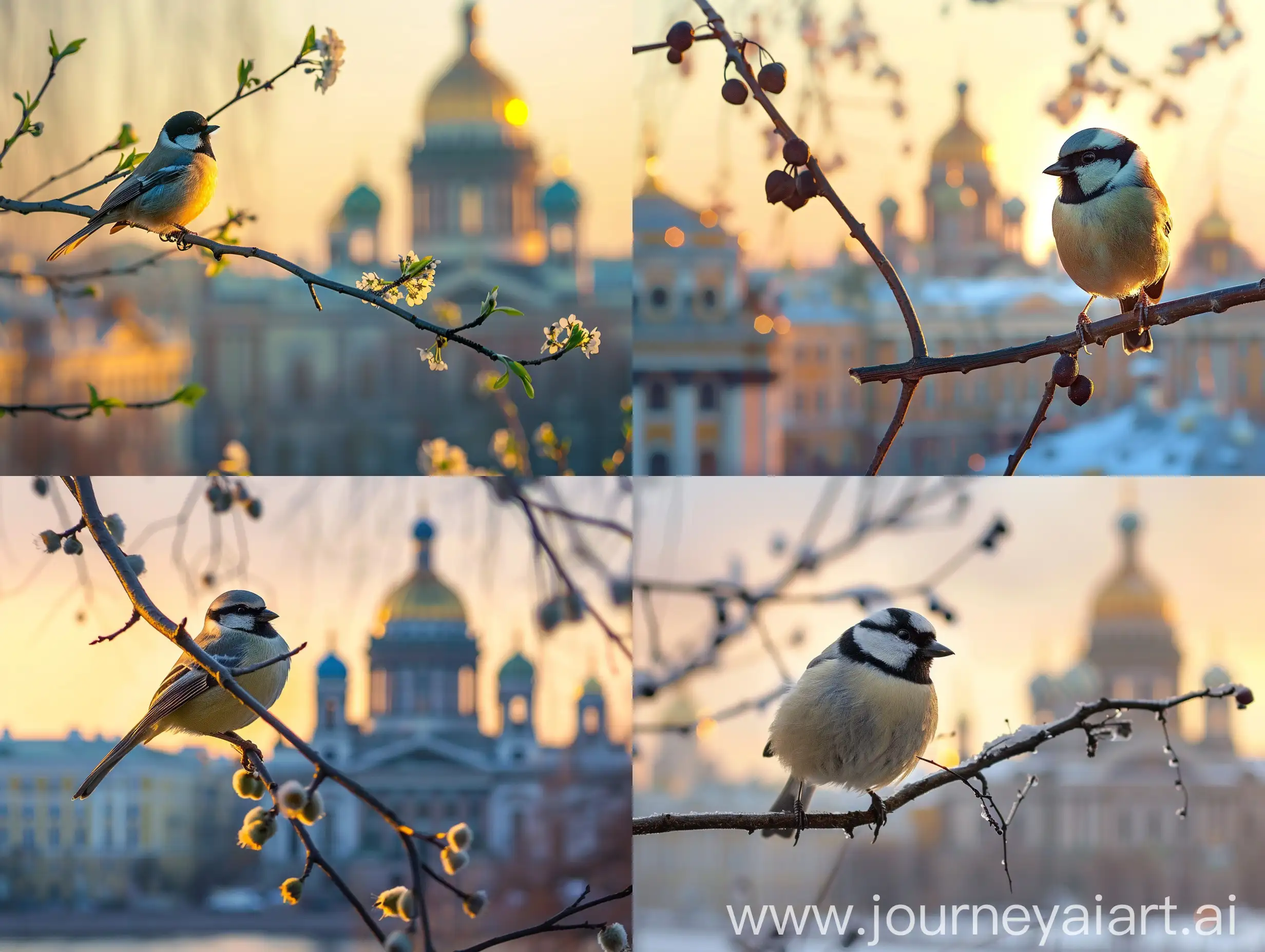 весной синица на переднем плане сидит на ветке. на заднем плане Санкт-Петербург утром Исаакиевский собор