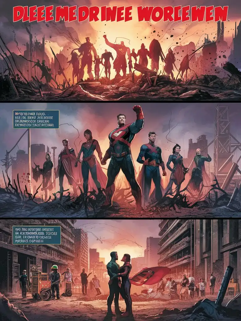 Design a multi panel comic page with bold, gritty font,  With the villains defeated and their dark energies dissipating, the heroes stand victorious amidst the ruins of the battlefield. uhd Captain uhd Valor raises his fist in triumph as the city begins to rebuild, and the heroes share a moment of camaraderie, knowing their unity and courage saved the day, bad-picture-chill-32v