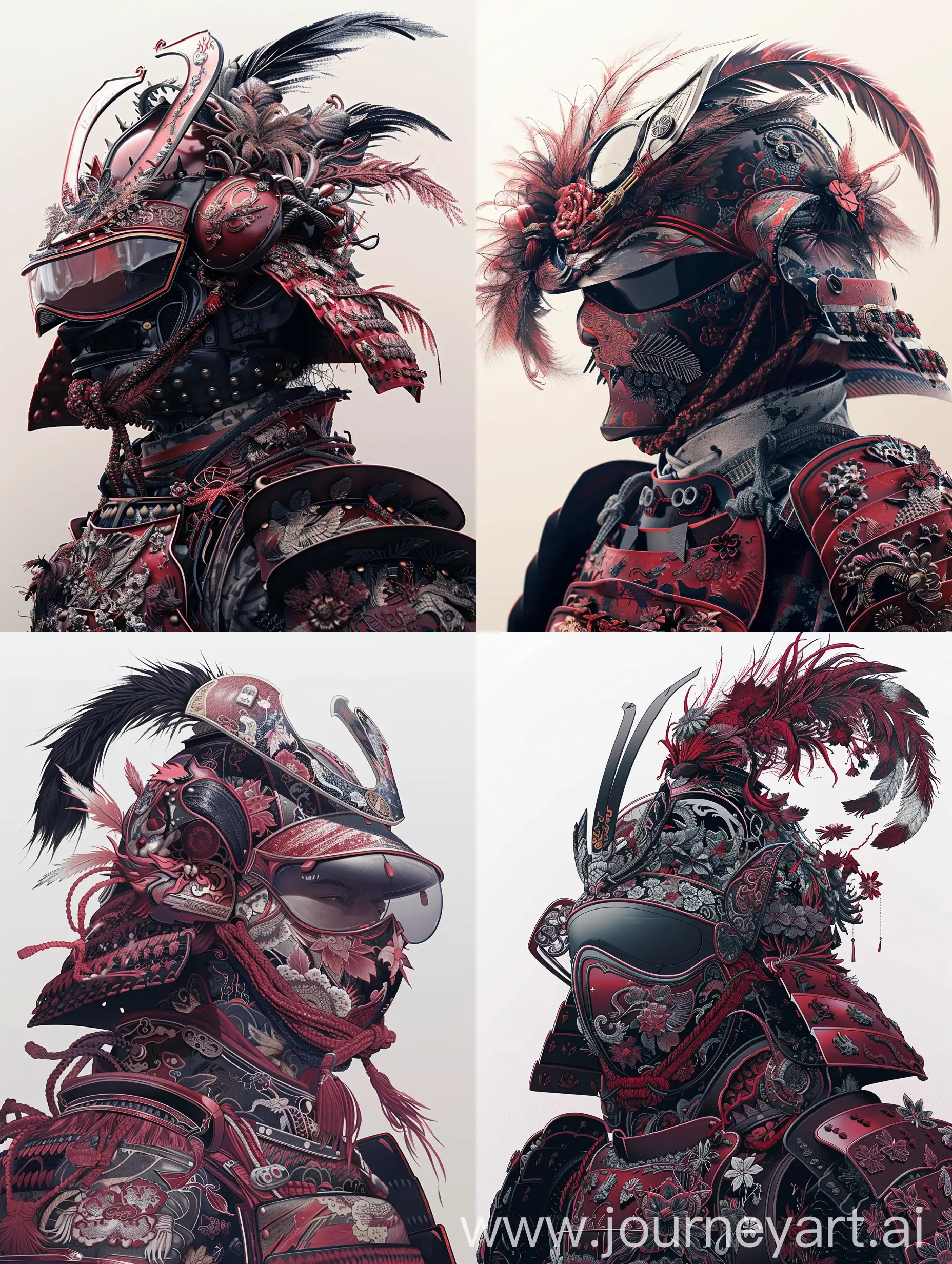 A highly detailed and ornate samurai warrior wears an elaborate suit of armor in various shades of Red. The helmet features intricate decorations with feathered and floral elements, a large, curved crest and detailed embellishments. The mask and armor plates are adorned with delicate patterns, including flowers and dragons, and the samurai's face is partially hidden behind tinted goggles. The overall color scheme is predominantly Black, creating a visually striking and unique look. The background is a plain, light white gradient.