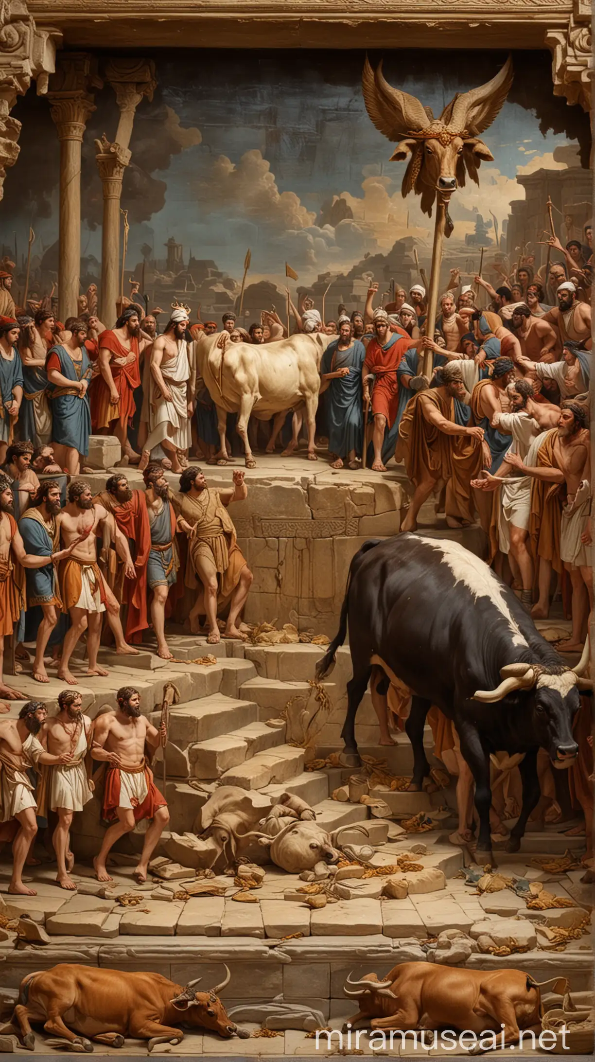 "An ancient ritual scene where King David sacrifices a bull and a fattened calf on an altar. The background shows the men carrying the Ark, halting every six steps."