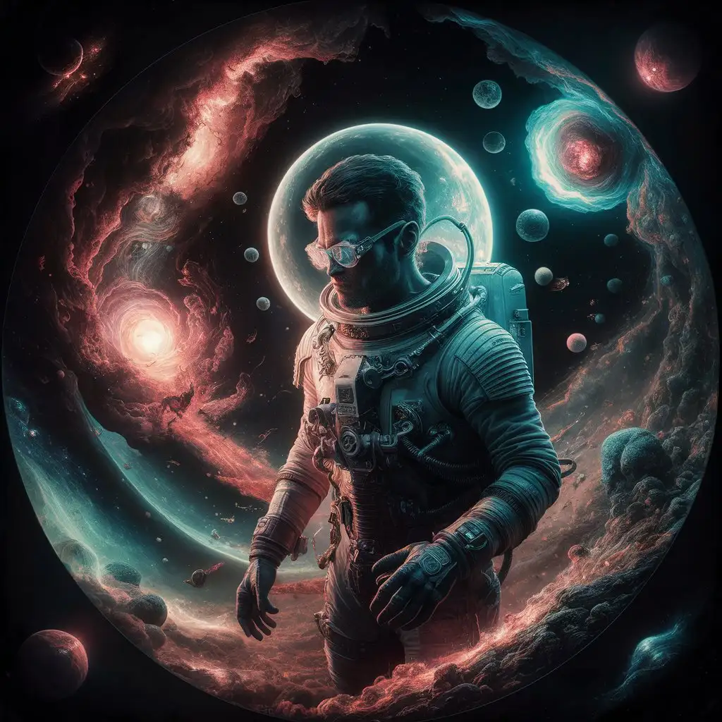 Alien-themed Gothic style Create an artwork featuring a surreal male astronaut traversing interstellar exotic space,showcasing fantastical interstellar phenomena and the unique effects of special glasses. He is surrounded by cosmic wonders,nebulae swirling,planets floating,creating a surreal journey through the stars,