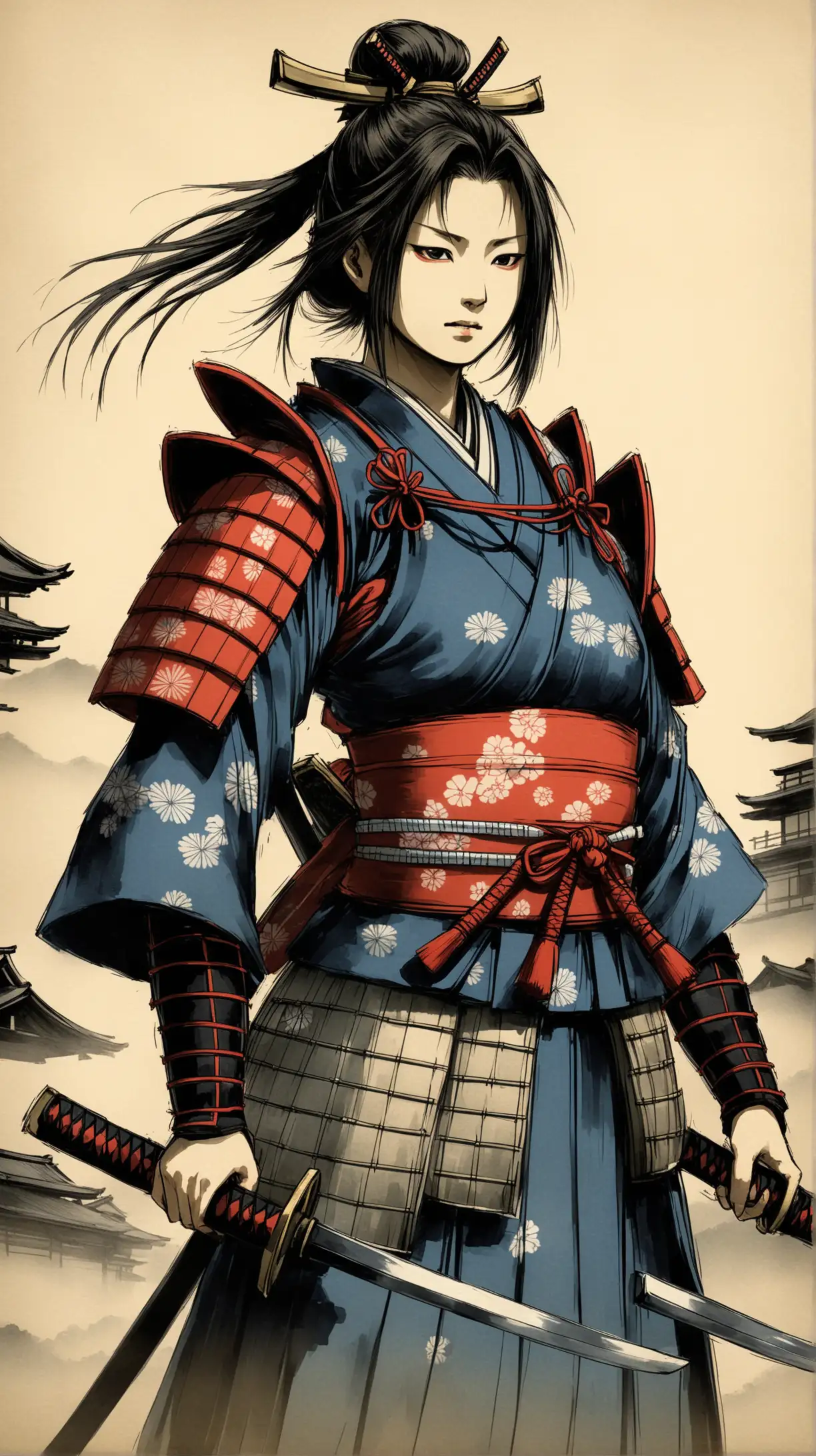 Courageous Female Samurai in Feudal Japan Engages in Battle