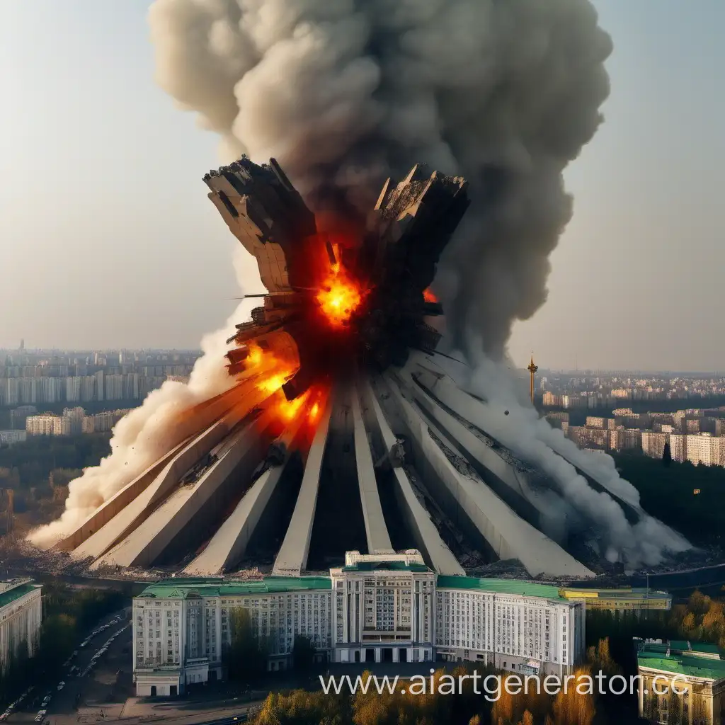 большой яркий  мощный взрыв в украине, в городе Киев, виден памятник монумент независимости, он падает,он разрушен на пополам