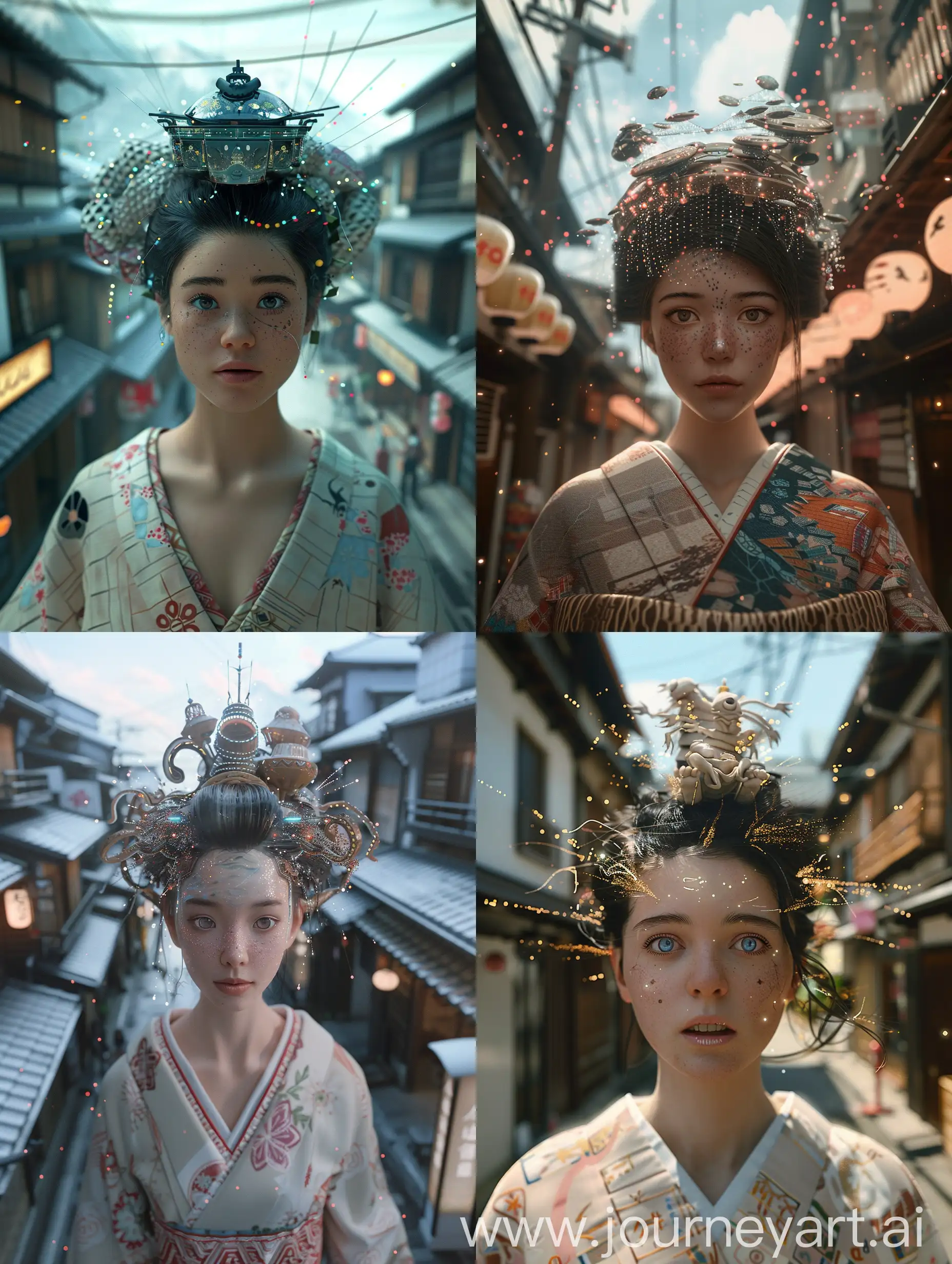 Cinematic Shot Subject: cinematic, realism, Using (((imagination))) to craft a photorealistic representation of an unusual fantasy dream, a wide-angle lens, A world full of fantasy, shot from high altitude, wide-angle lens, describing the real Japanese streets, yokai appeared in the sky, she is a Japanese singer, wearing a Japanese kimono, her head is combined with a weird demon spaceship, Amazing, shocking, Mysterious, Coffinwood, drawing, Polaroid, 3D modeling, Contrasty, tiles, ivory colors, Memphis, magic sparkles lighting, skillfully captured through an EE 70mm lens, providing a professional movie feel. The UHD camera captures every detail of this moment, highlighting the colors and textures. With Scorsese's expert direction, this scene exudes drama, Generate a cinematic and highly detailed Al image, Render her in a photorealistic style, cinematic, capturing the fine details of her features and surroundings. Pay close attention to realistic skin tones, textures, and lighting conditions. Ensure the image is in high resolution, such as 8K, to showcase the intricate details and allow