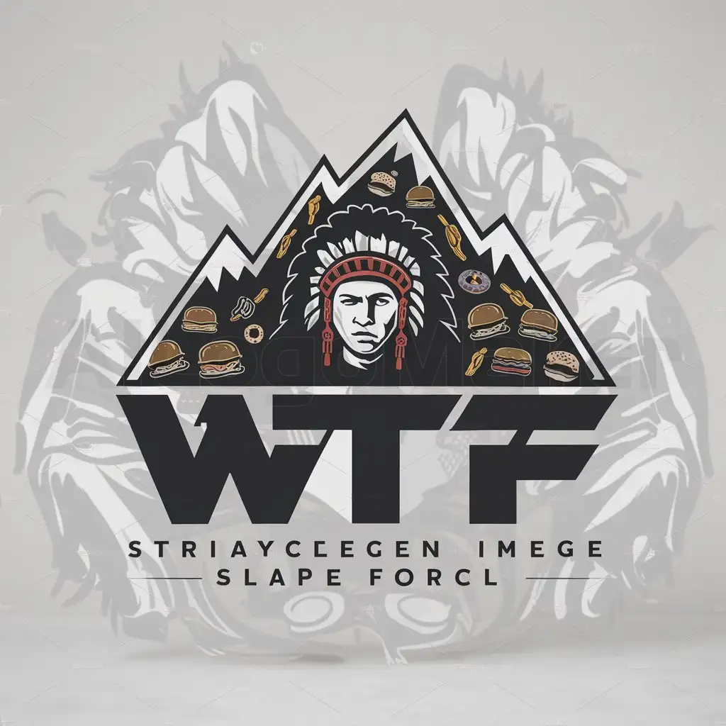 a logo design,with the text "WTF", main symbol:portrait of a tribal headdress food mountain illustrative logo generative ai,Moderate,clear background