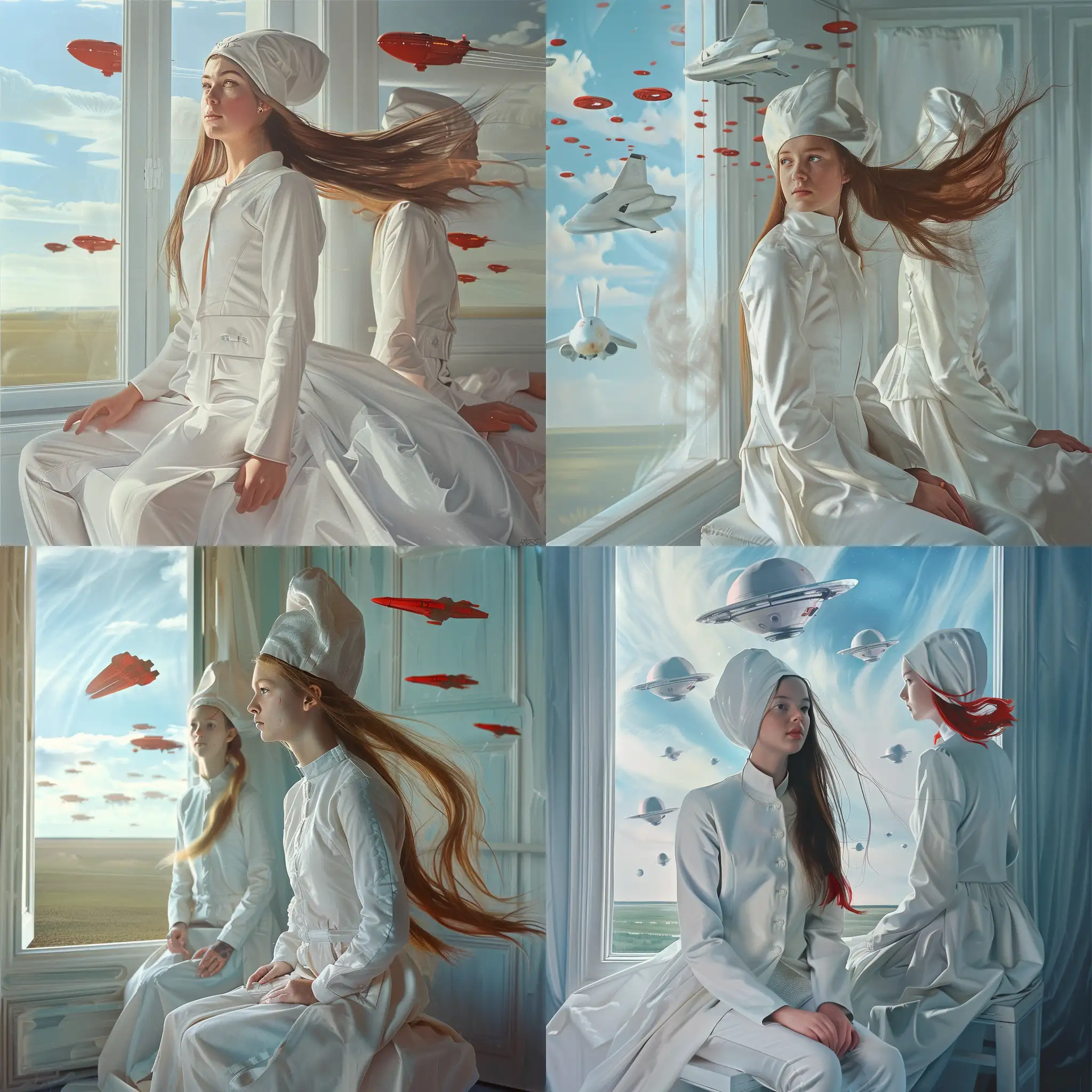 Фантастическая планета в стилистике фильма Дюна, девушка сидит  к комнате в белом костюме, развевающиеся волосы, в открытом окне проплывают космические корабли, 8k, плёночная фотография, ультодетализация, рассеяние света, резкий фокус, высокая детализация 