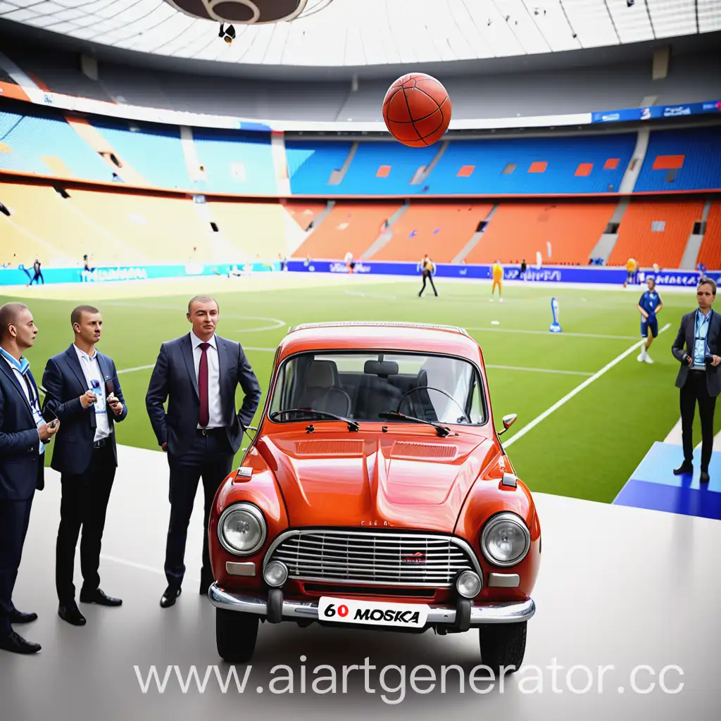 Moskvich-6-Car-at-Eurocup-2024-with-Ball-and-Sports-Journalists