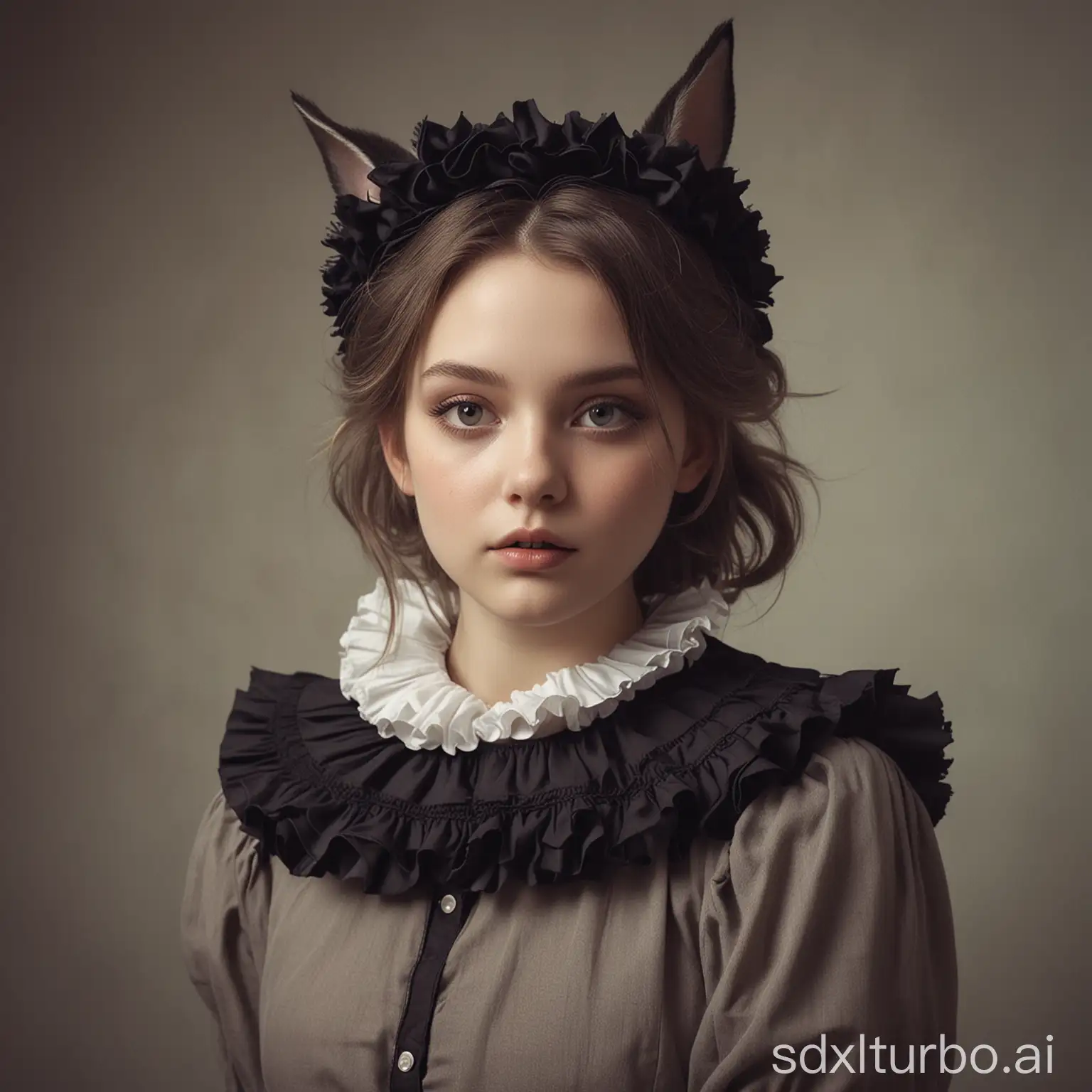 a Bunny girl with ruffled collar wearing black crown. The style of the photograph is in the fashion photography genre, showcasing soft lighting and a muted color palette, giving it an ethereal feel