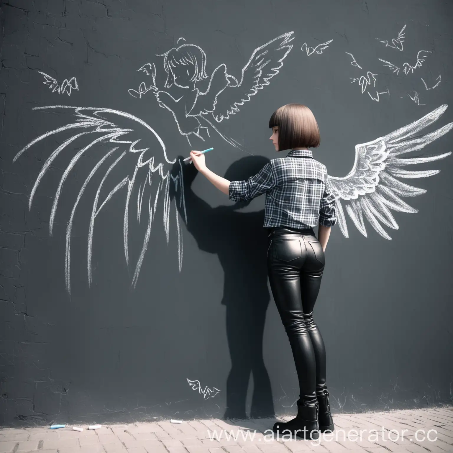 Девушка в кожаных штанах, клетчатой рубашке с причёской каре стоит на фоне городской стены лицом к стене и рисует на стене мелом крылья