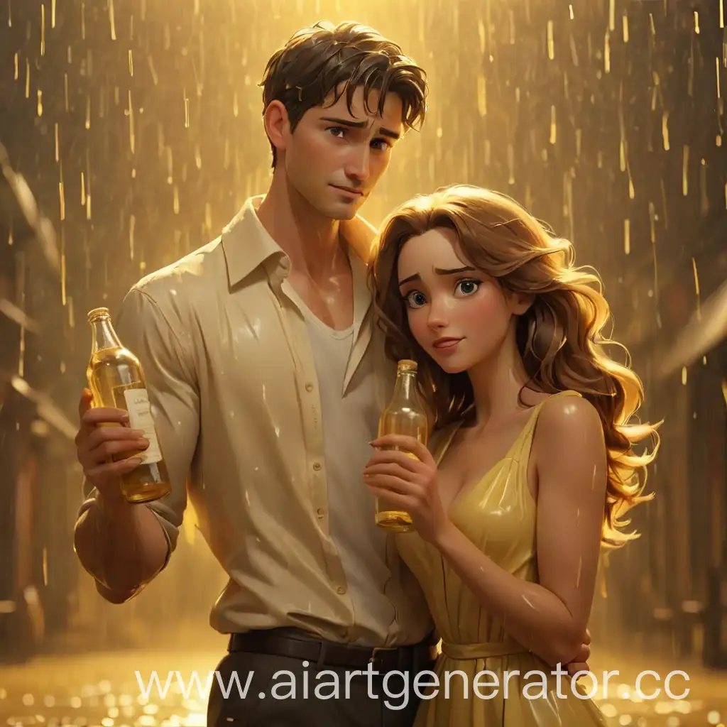 Stylish-Couple-Enjoying-Golden-Rain-with-Wine-Bottle